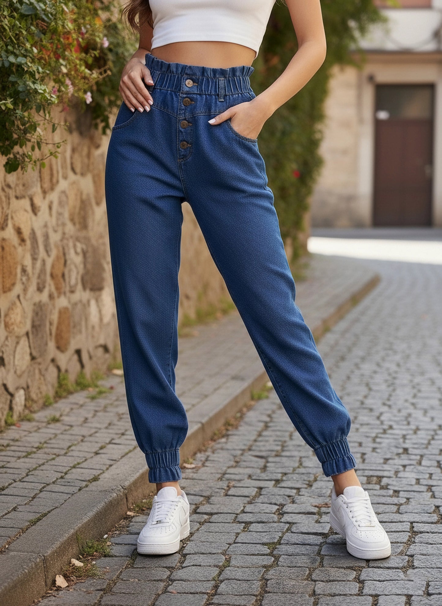 Solid Blue High-Rise Elastic Waist Four-Pocket Cotton Slip-On Knitted Regular Joggers