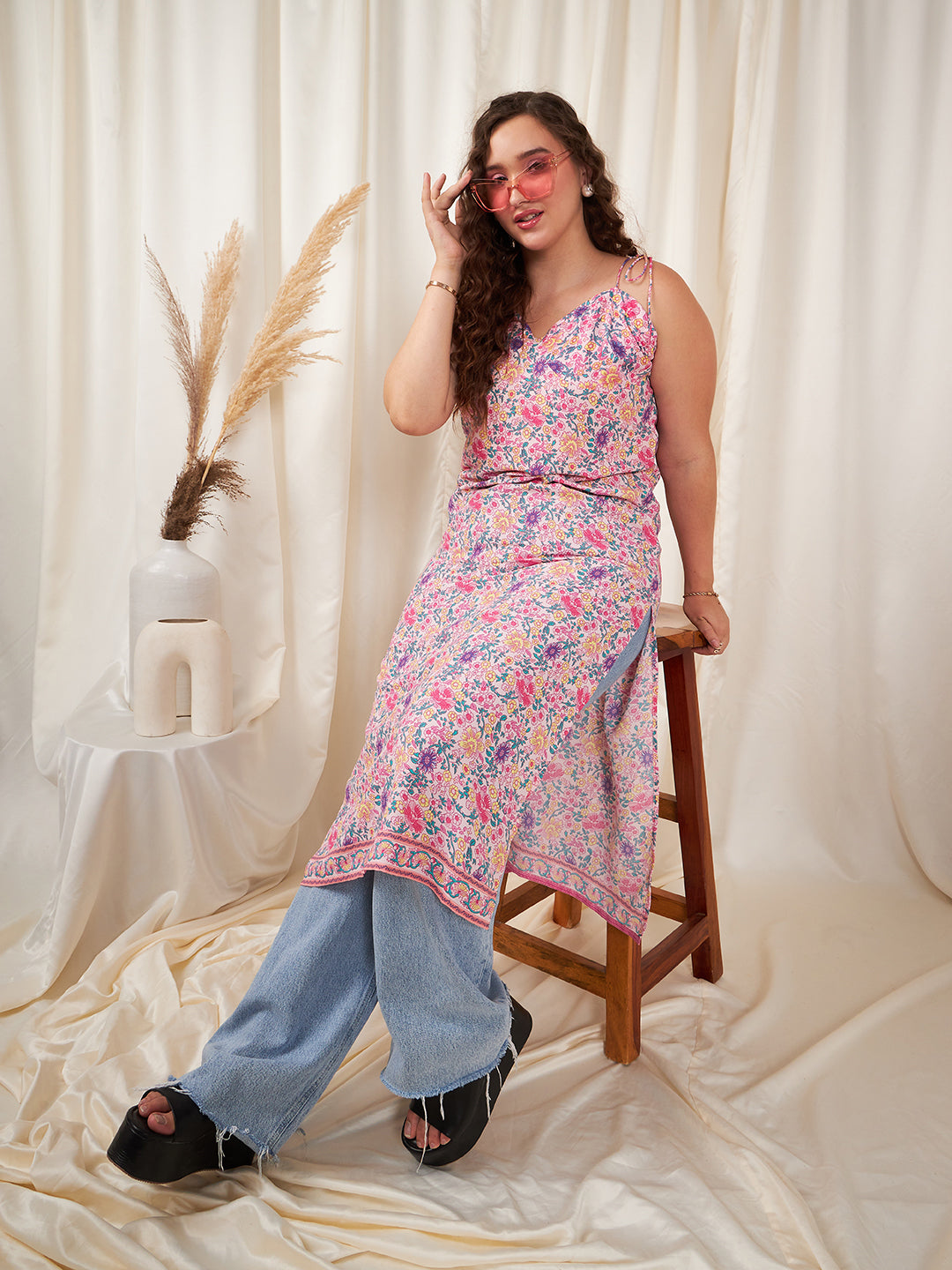 Berrylush Women Plus Size Pink & Purple Floral Printed Sweetheart Neck Tie-Up Shoulder Straps Straight Hem Longline Kurta