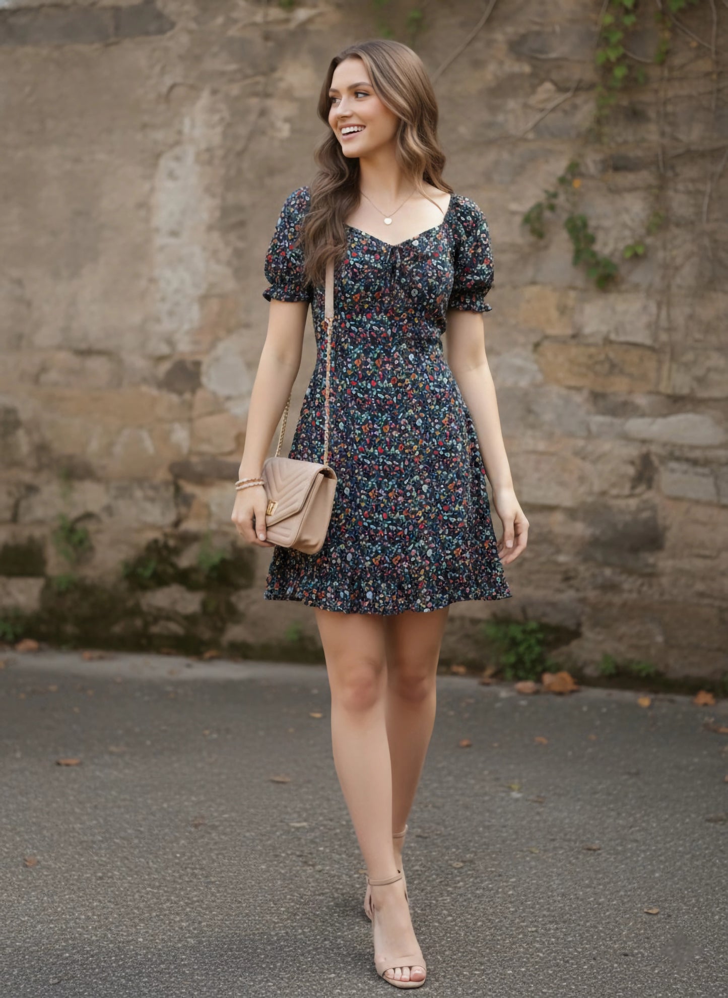 Berrylush Women Navy Blue Floral Printed Sweetheart Neck Crepe A-Line Mini Dress