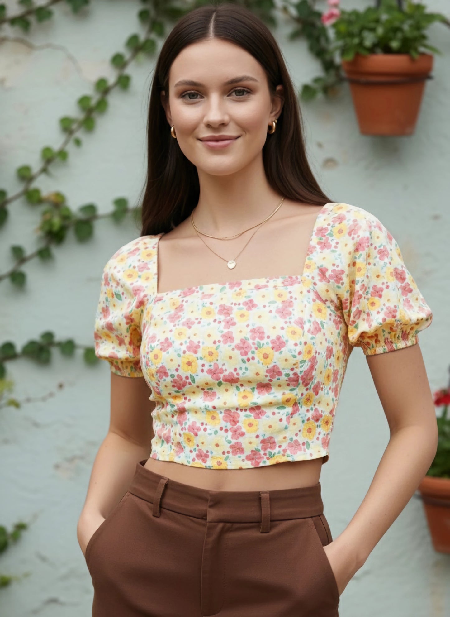 Berrylush Women White & Pink Floral Printed Square Neck Crepe Cropped Top