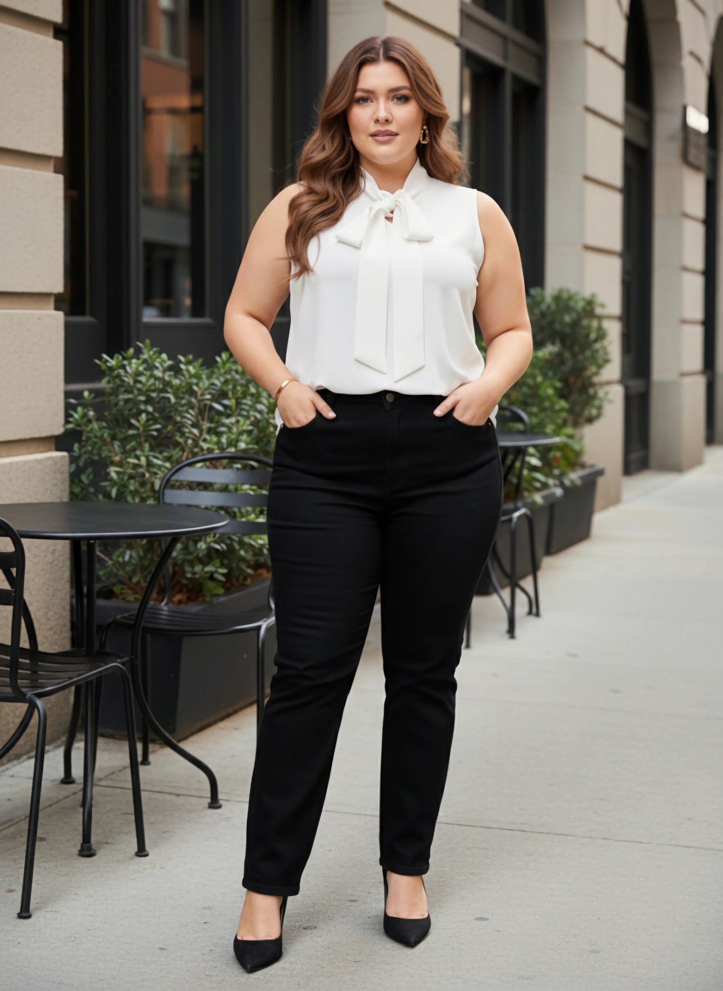 Curve Solid White Tie-Up Neck Sleeveless Curved Hem Regular Top