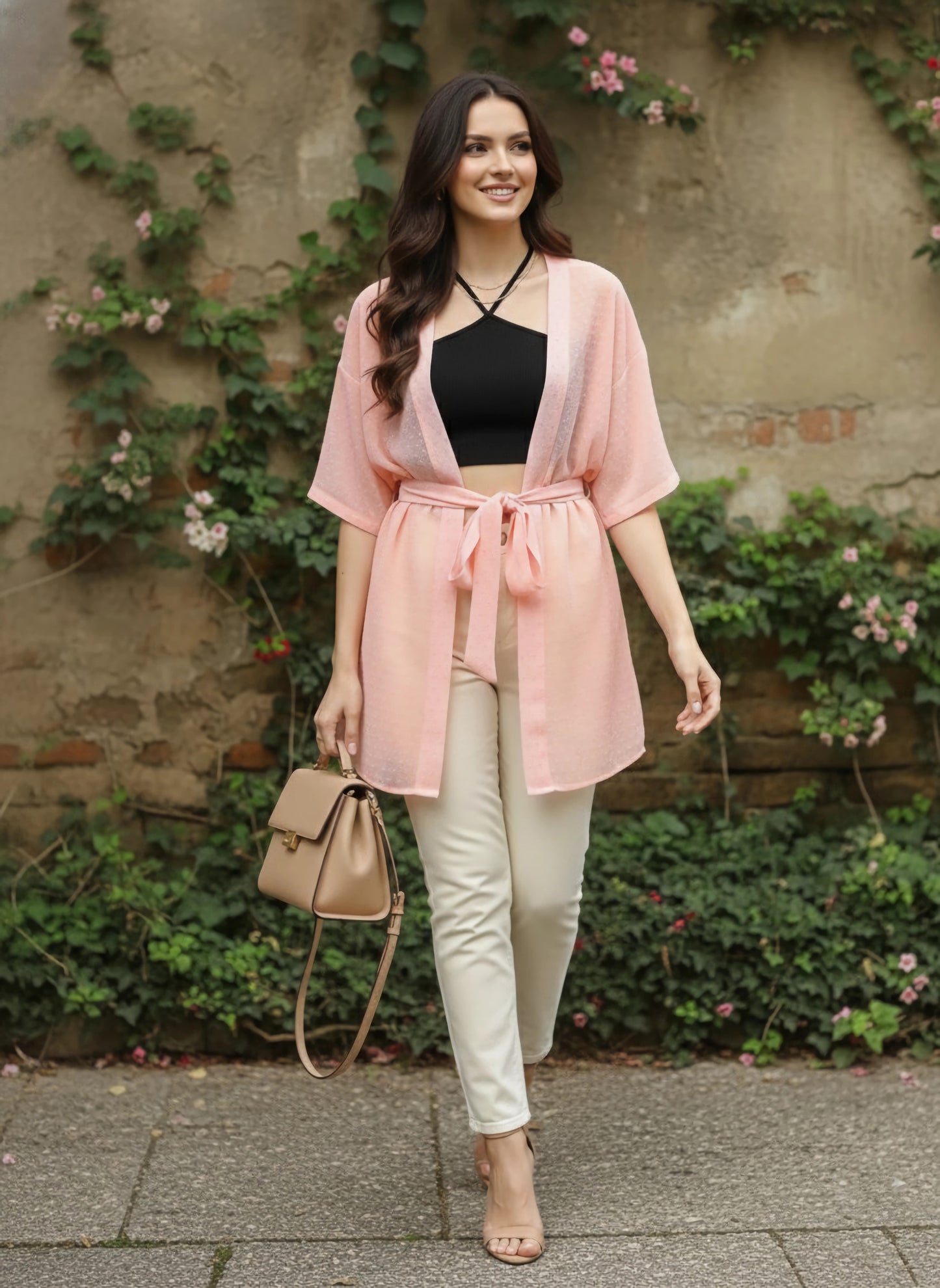 Berrylush Women Pink Self-Design Pattern Open Front Waist Tie-Up Georgette Regular Shrug