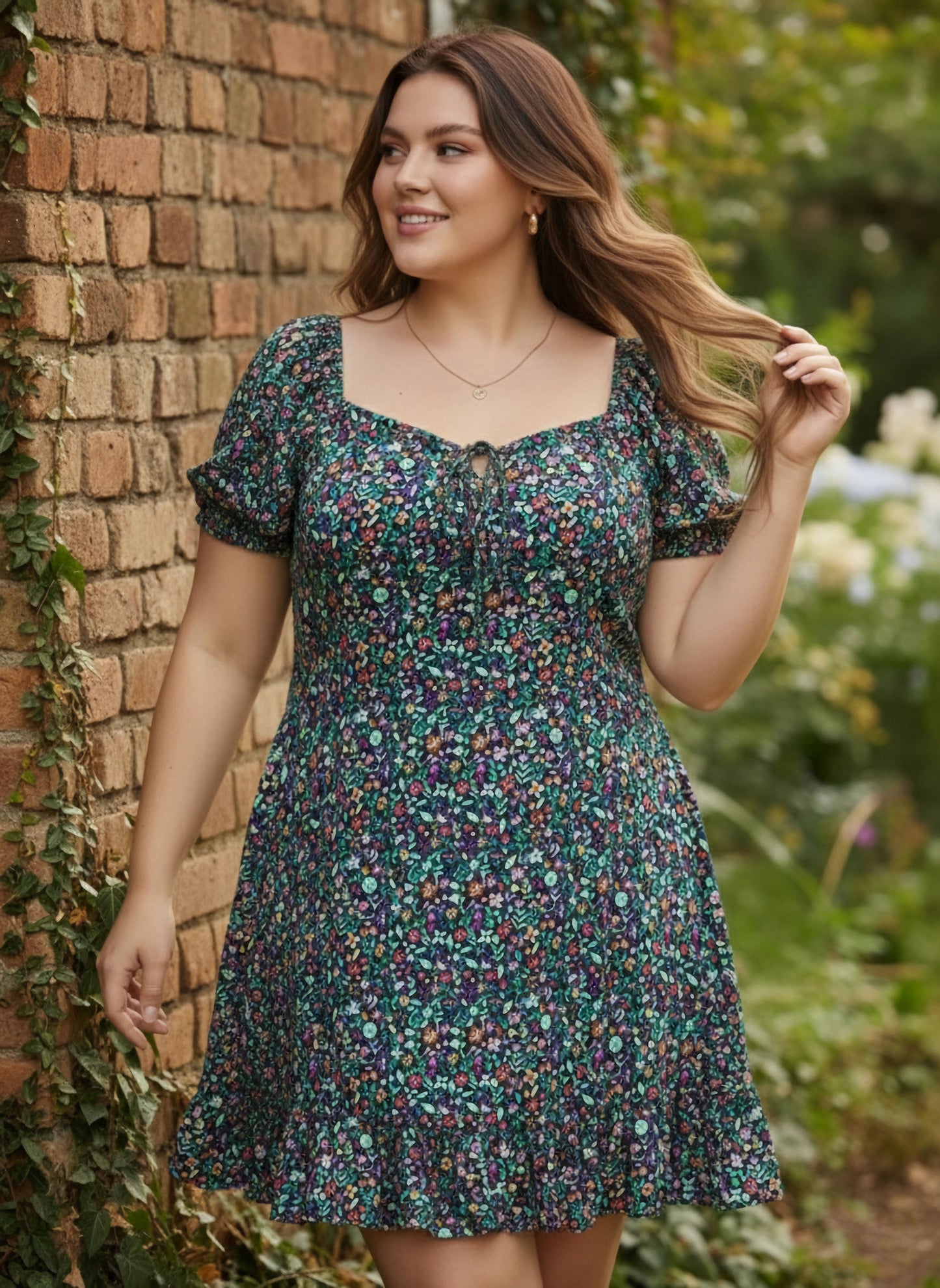 Berrylush Curve Plus Size Navy Blue & Green Floral Printed A-Line Mini Dress