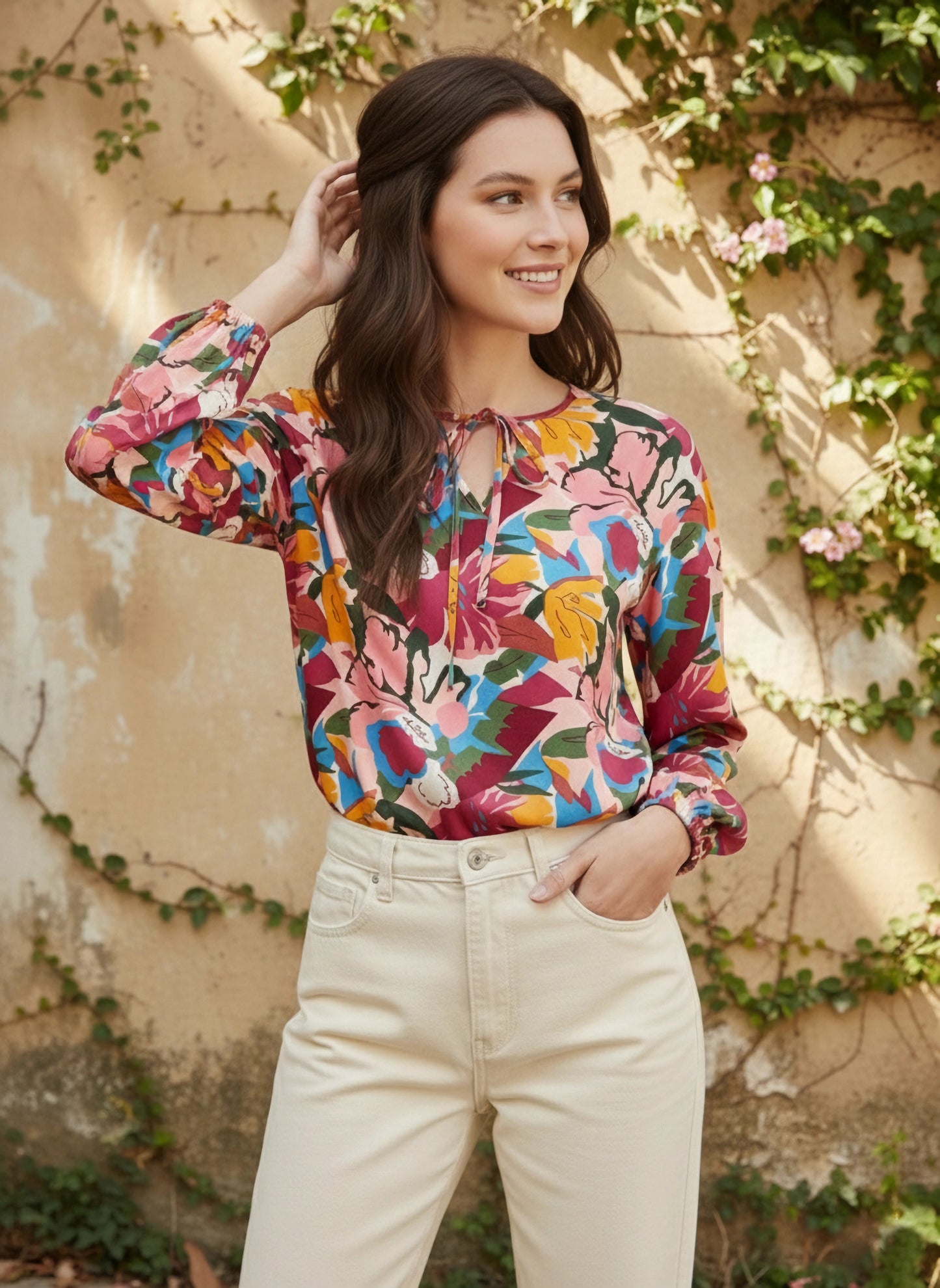 Multicolour Floral Printed Tie-Up Neck Slip-On Curved Hem Regular Top