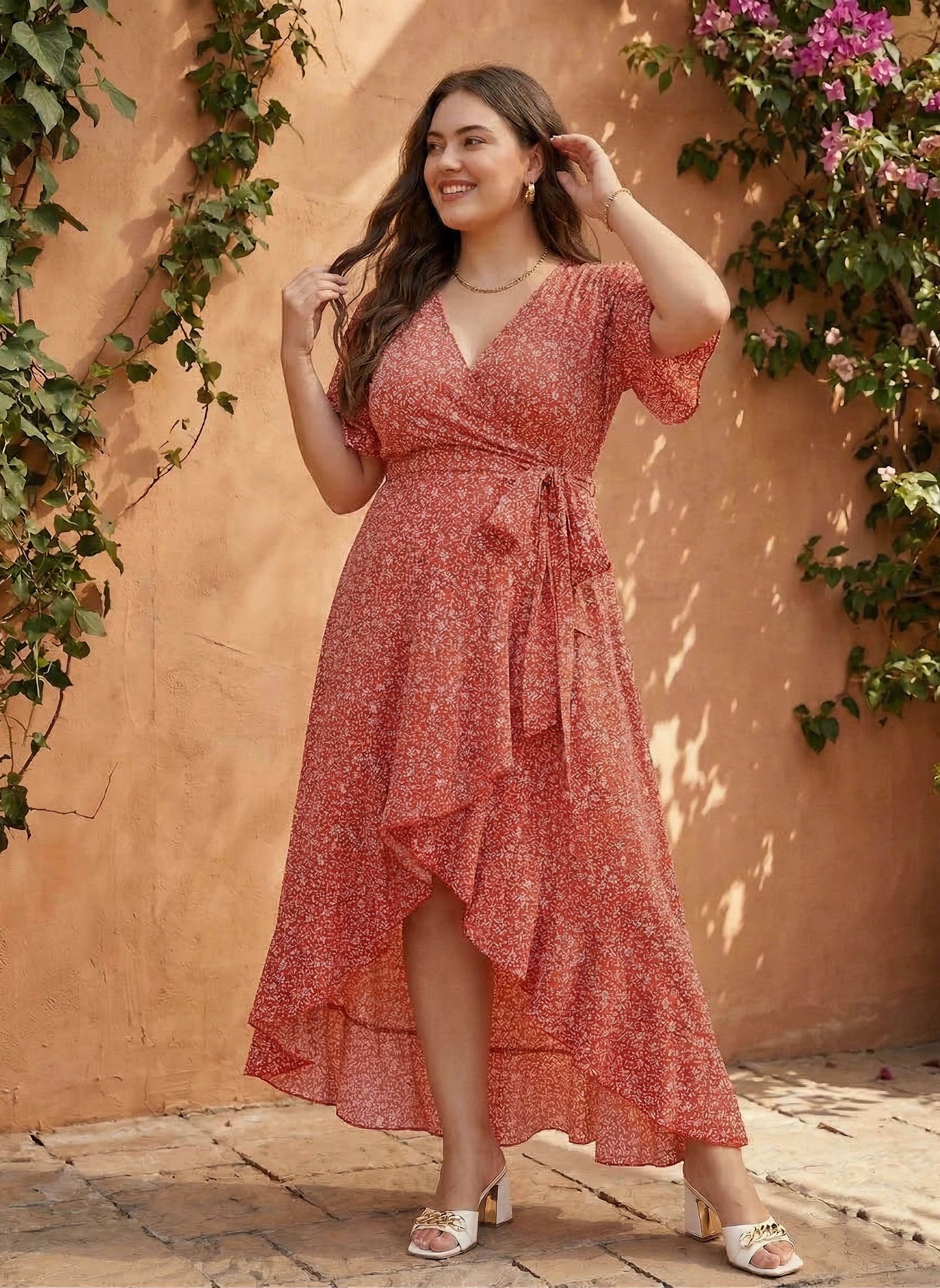 Berrylush Women Plus Size Coral Orange & White Floral Printed V-Neck Waist Tie-Up Crepe Flounce Hem Wrap Maxi Dress