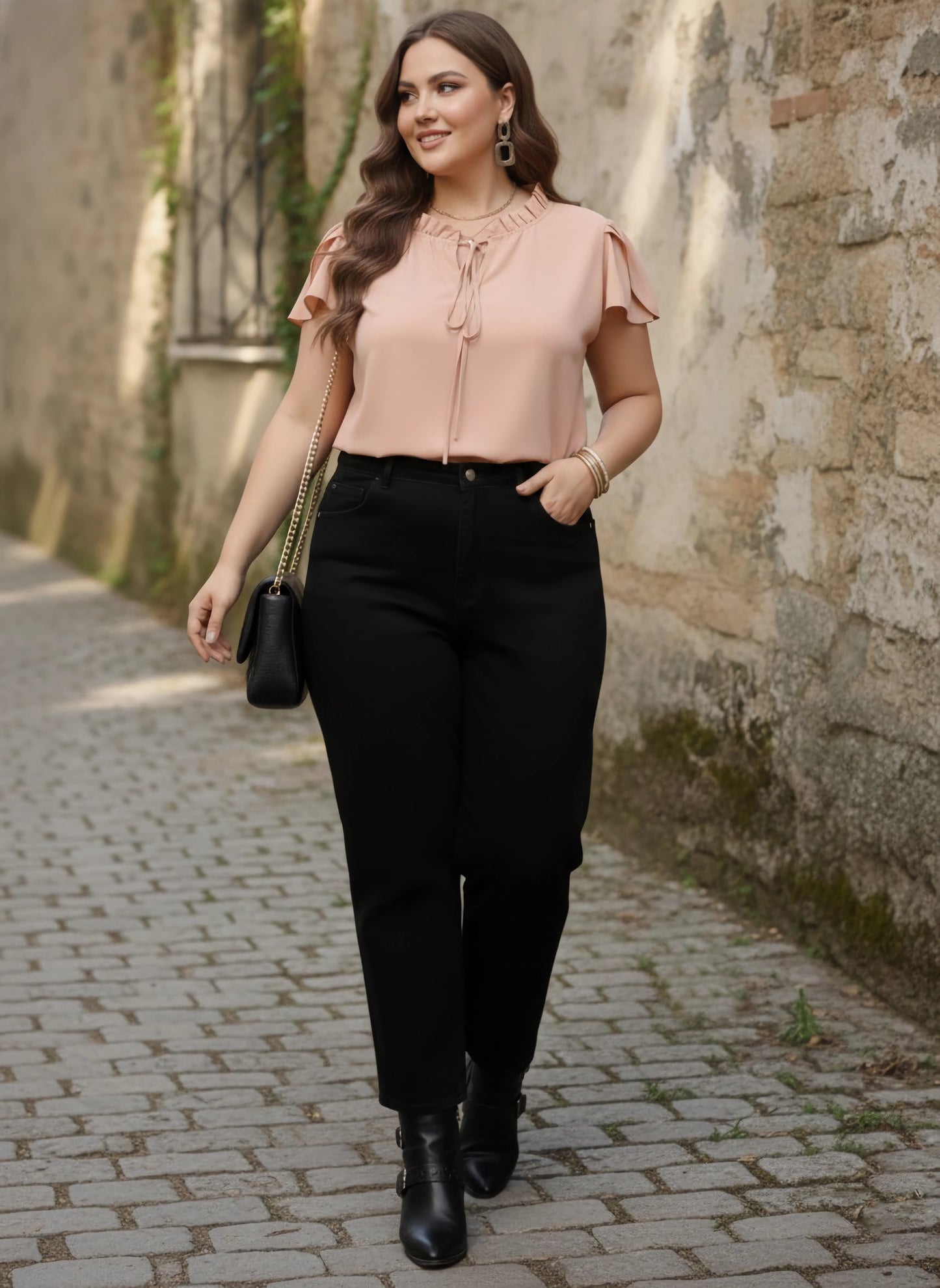 Berrylush Women Plus Size Solid Pink Tie-Up Neck Cap Sleeves Crepe Ruffled Regular Top