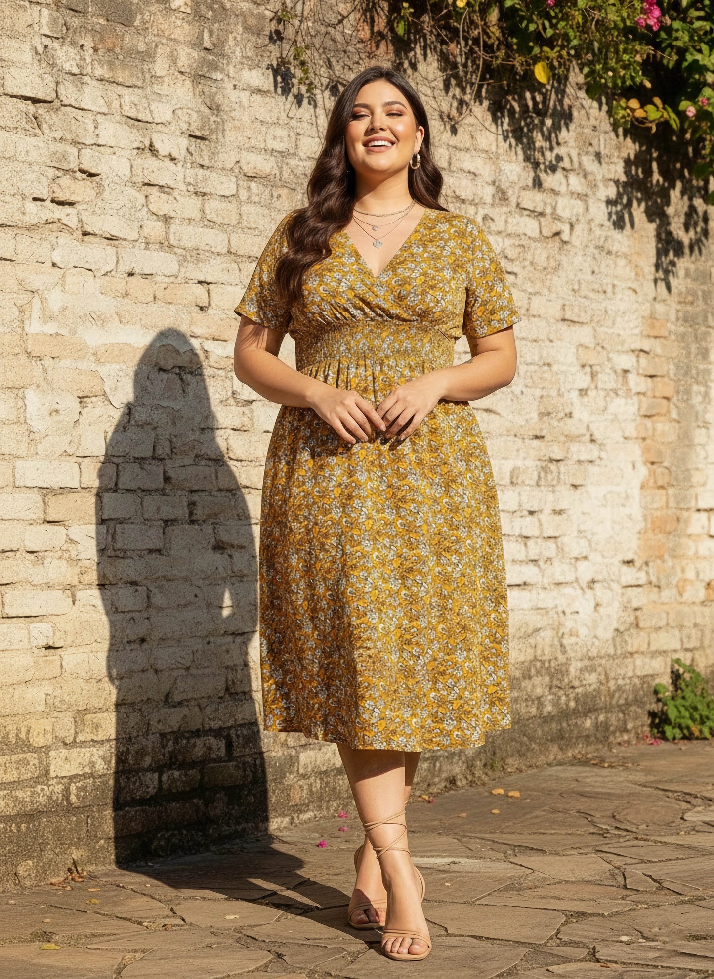 Curve Mustard Yellow & White Floral Printed V-Neck Short Sleeves Wrap Smocked Fit & Flare Midi Dress