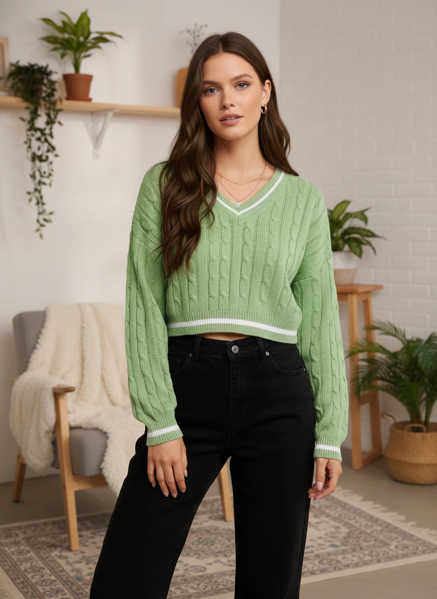 Berrylush Women Green Cable Knitted Pattern V-Neck Acrylic Straight Hem Cropped Pullover