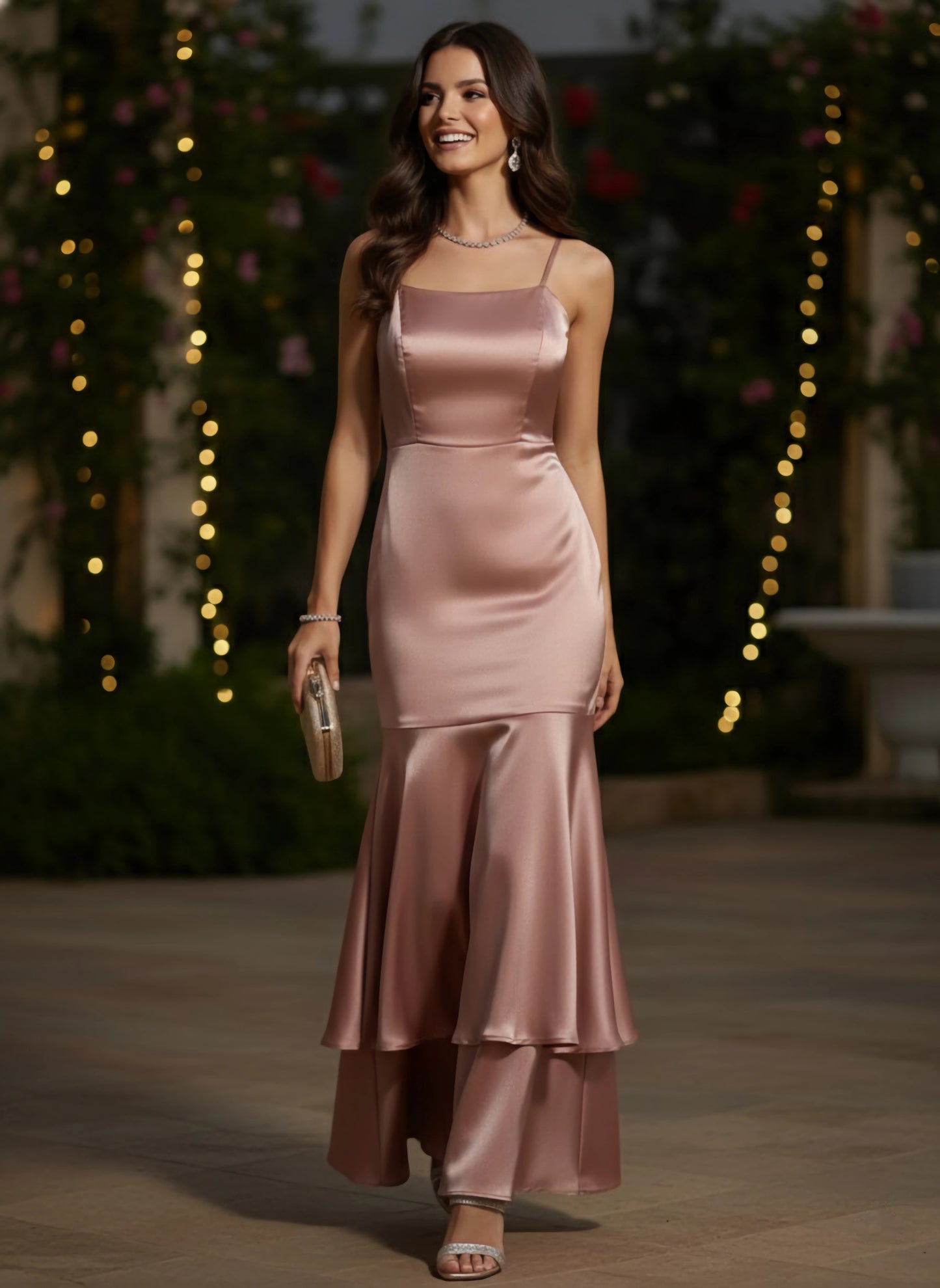 Berrylush Women Solid Pink Square Nack Sleeveless Satin Flounce Hem Layered Maxi Gown