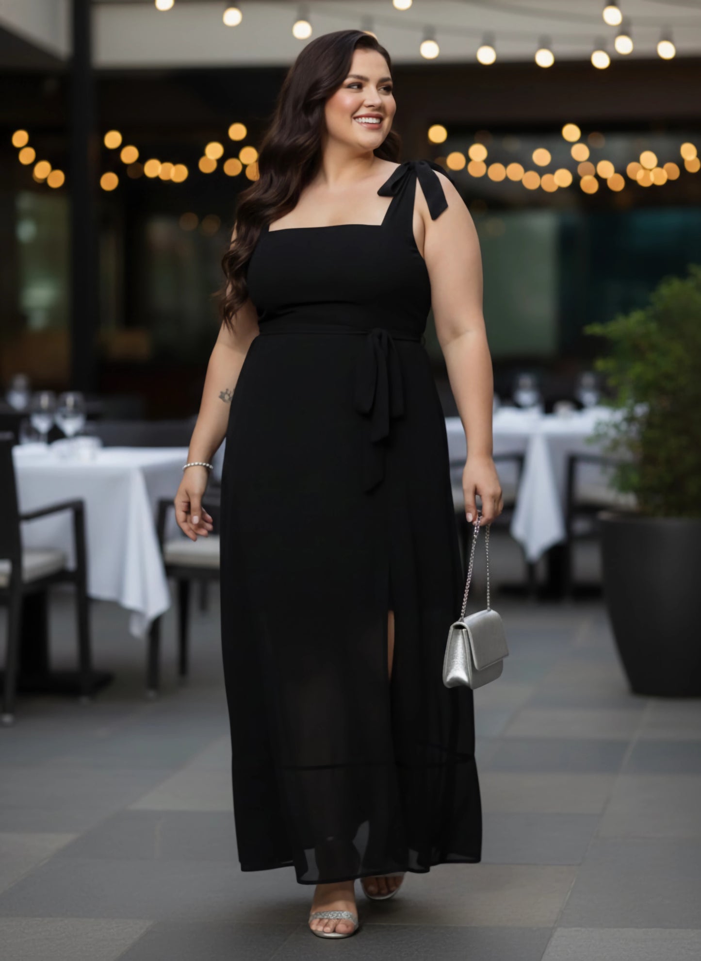 Berrylush Women Plus Size Solid Black Square Neck Waist Tie-Up Georgette Thigh-High Slit Flared A-Line Maxi Dress