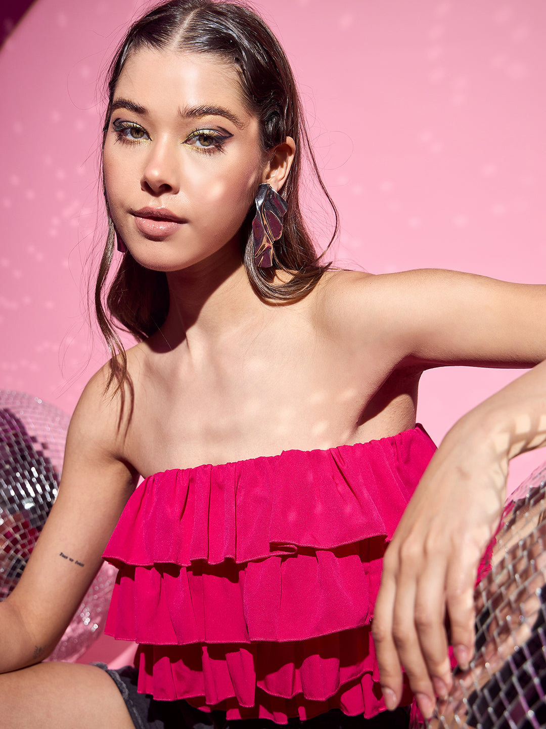 Berrylush Women Solid Pink Strapless Neck Sleeveless Ruffled Detail Layered Crop Tube Top