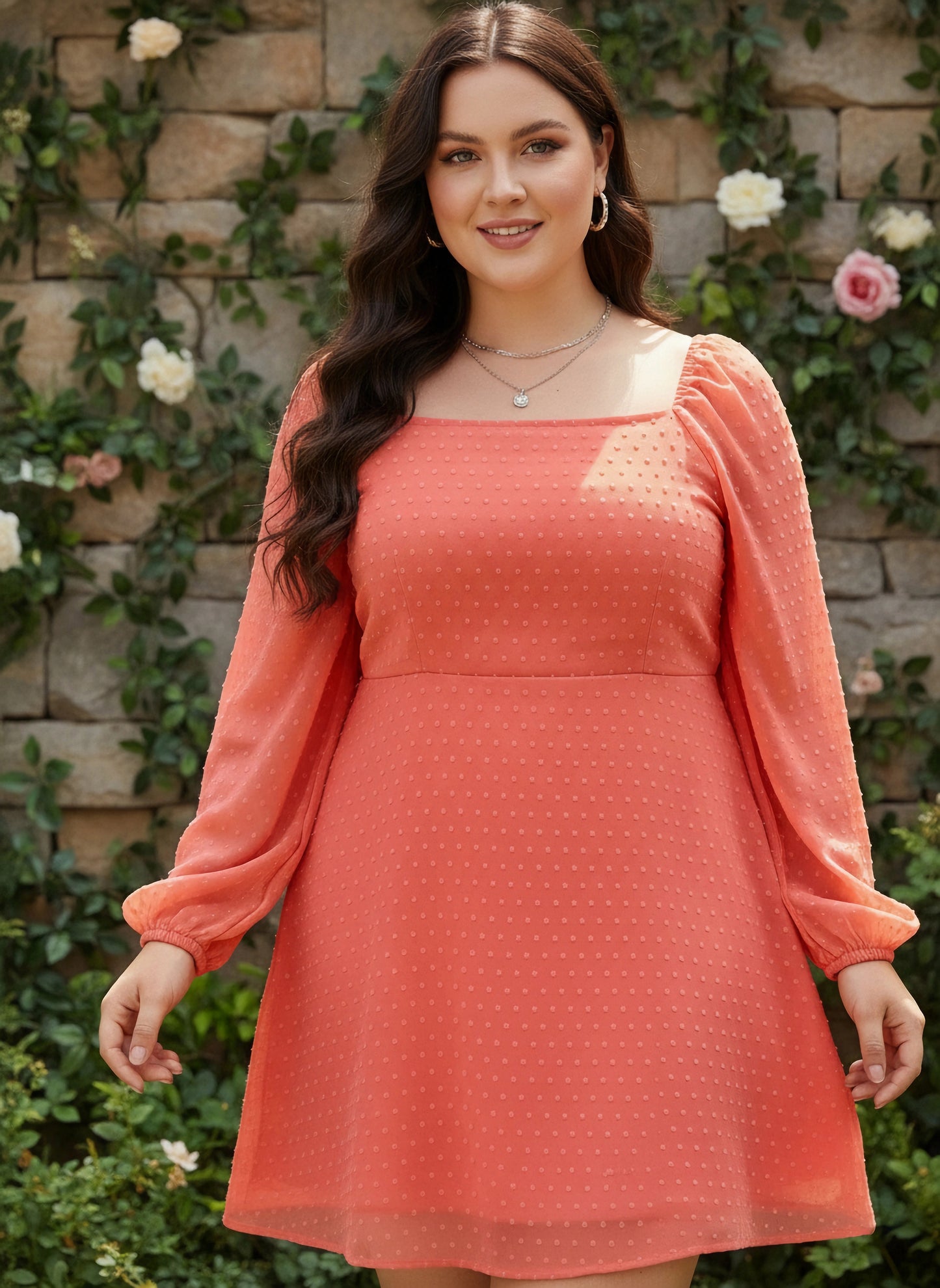 Berrylush Women Plus Size Pink Self-Design Pattern Square Neck Sheer Flared A-Line Mini Dress