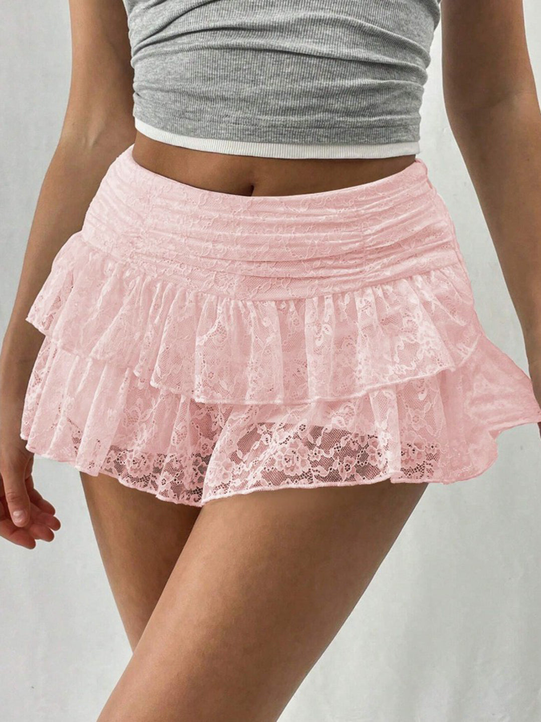 Berrylush Women Solid Pink High-Rise Waist Cotton Blend Concealed Zipper-Up Lace Ruffled A-Line Mini Skirt