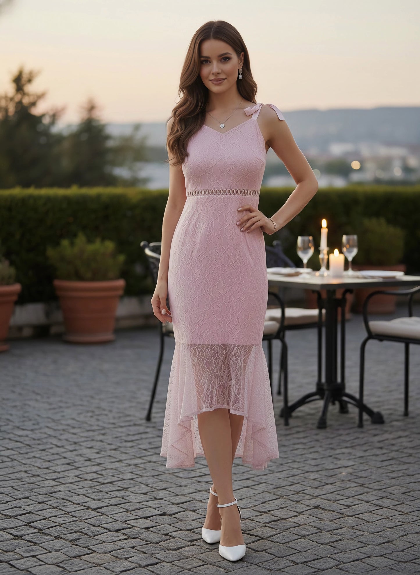 Pink Self-Design Pattern V-Neck Lace Insert Tie-Up Straps High-Low Hem Ruffled Midi Empire Dress