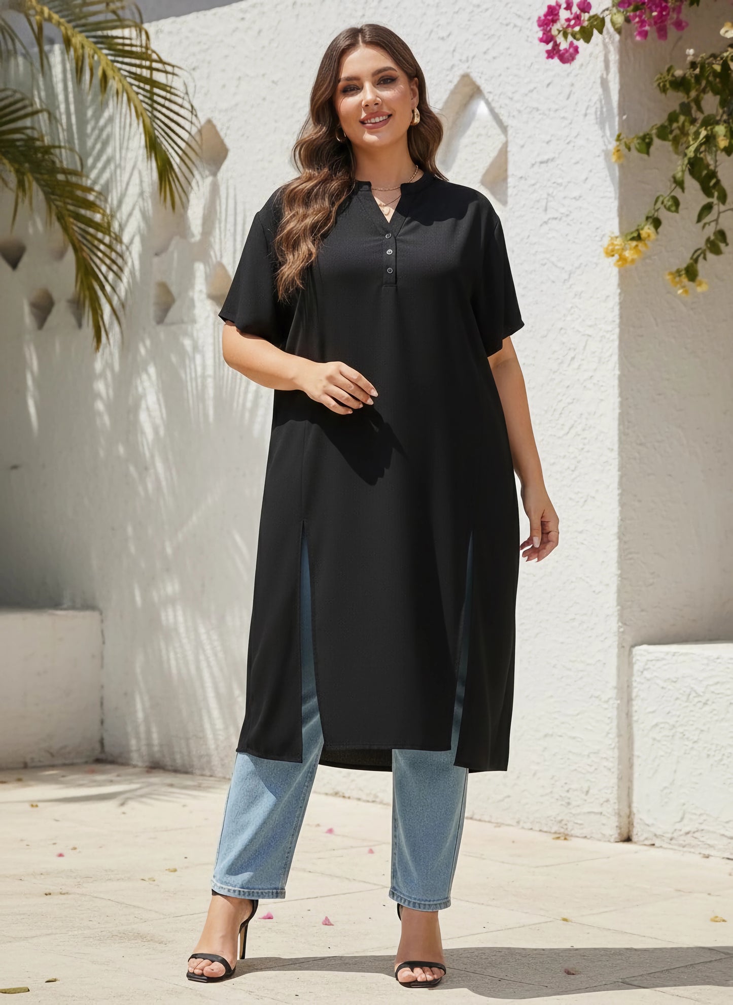 Curve Solid Black Stand Collar Neck Button-Up Side-Slited Logline Top