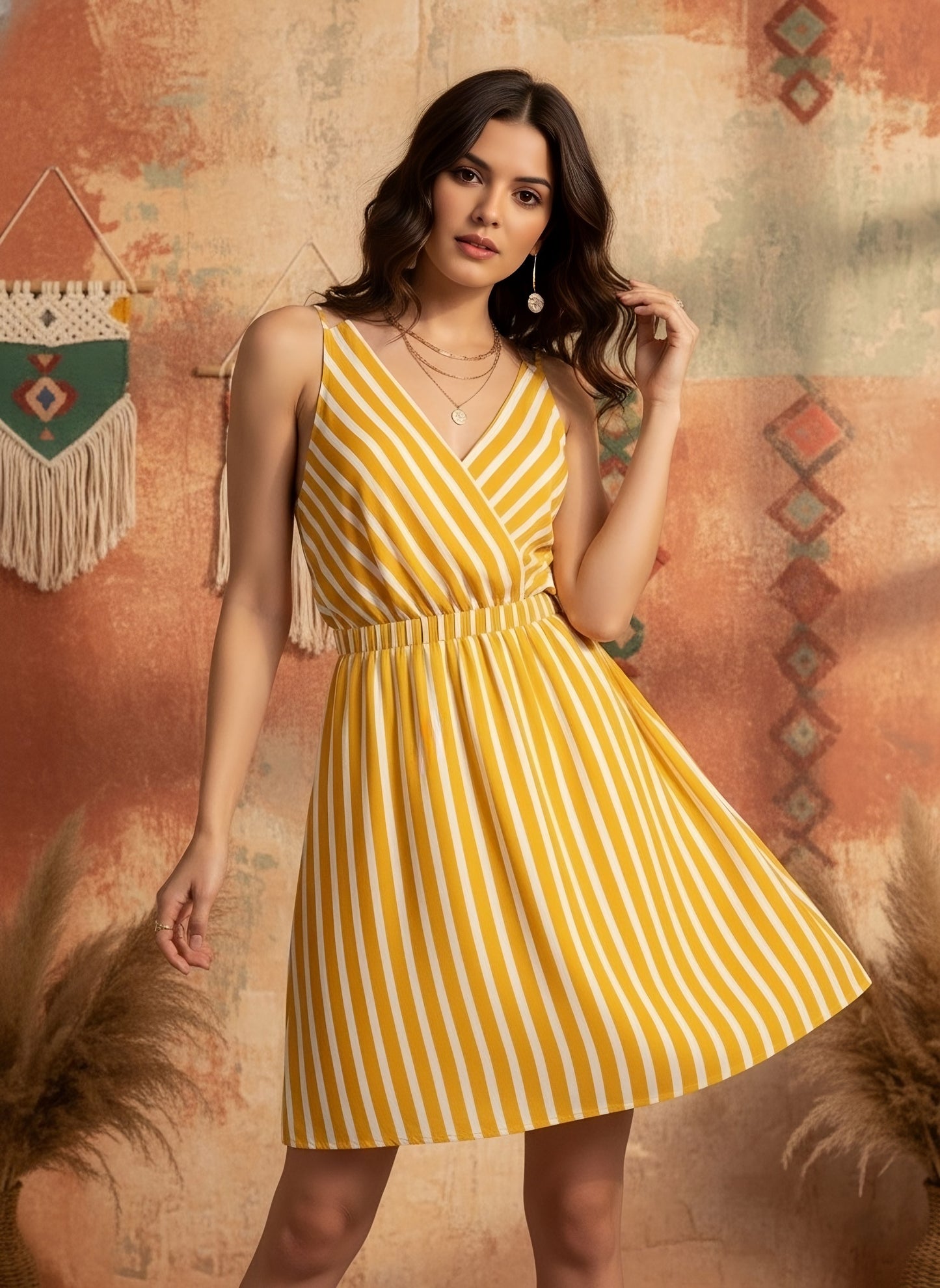 Berrylush Women Yellow & White Stripe Printed V-Neck Open Back Straight Hem A-Line Mini Dress