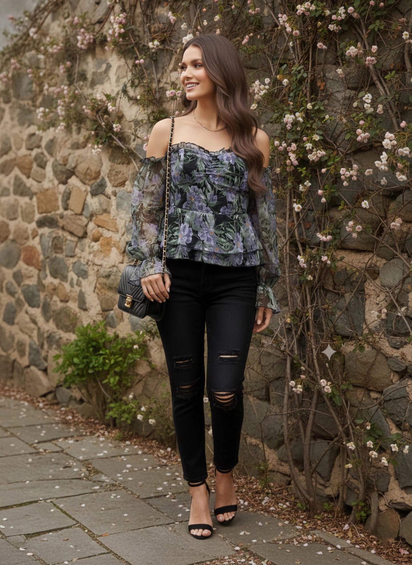 Berrylush Women Black & Purple Floral Printed Off-Shoulder Neck Bishop Sleeves Georgette Smocked Peplum Regular Top