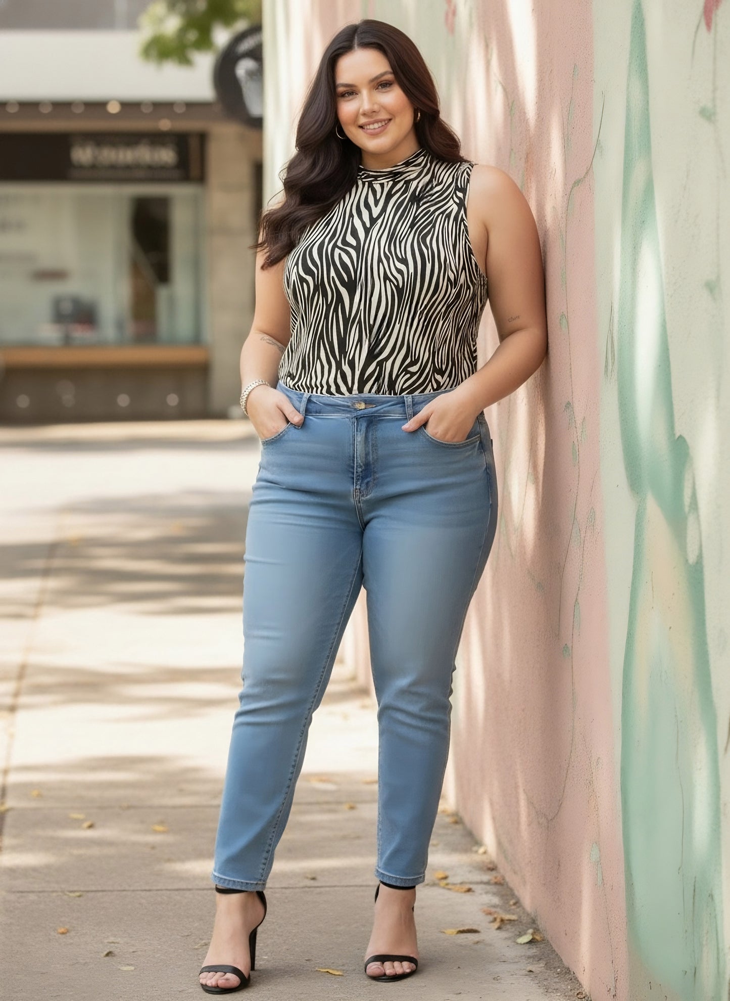 Berrylush Curve Women Zebra Striped Sleeveless Regular Top