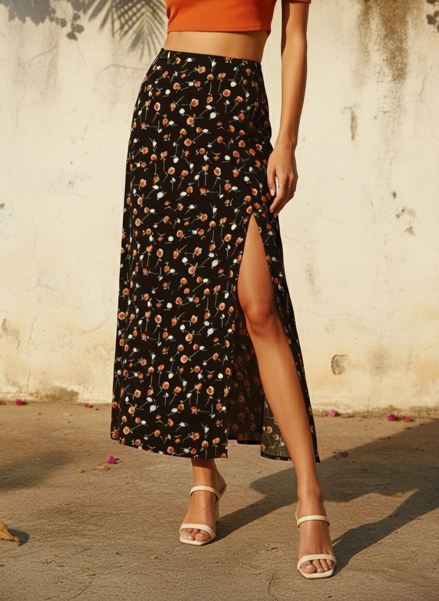 Berrylush Women Black Ditsy Floral Printed Thigh-High Slit Straight Midi Pencil Skirt