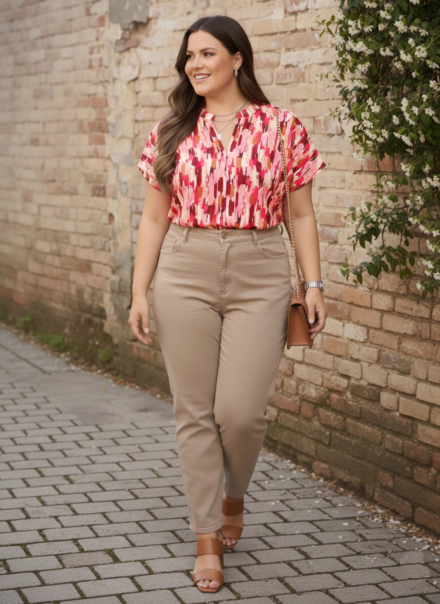 Berrylush Curve Women Pink & Red Geometric Printed Notch Neck Short Sleeves Straight Hem Regular Top