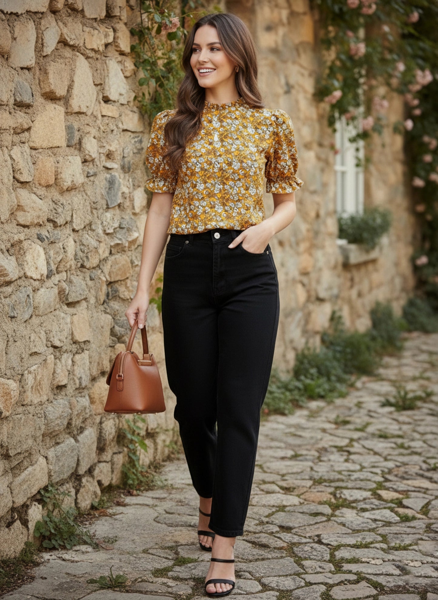 Berrylush Women Mustard Yellow & White Floral Printed Mandarin Collar Pleated Top