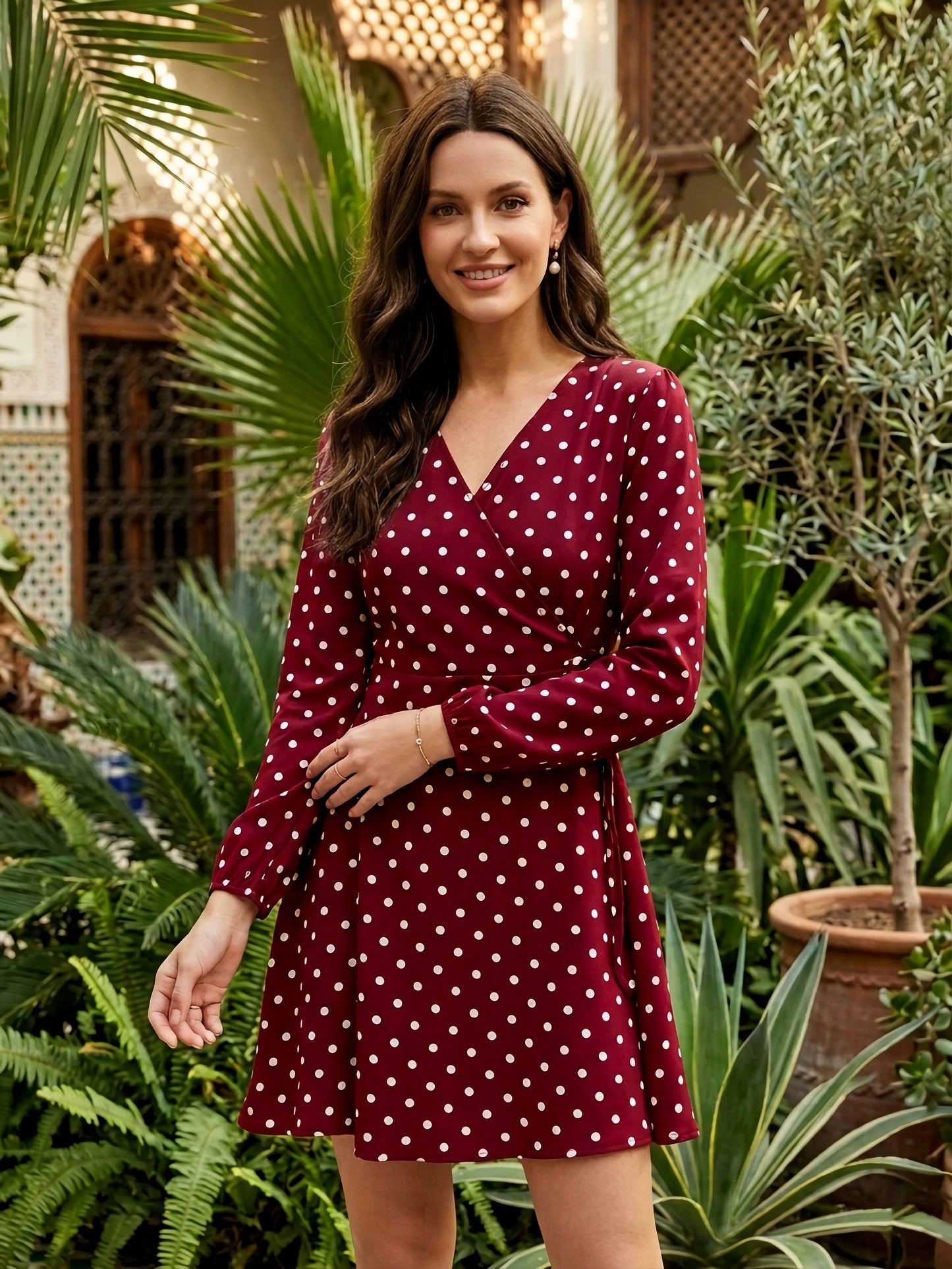 Berrylush Women Red & White Polka Dot Printed Wrap Mini Dress