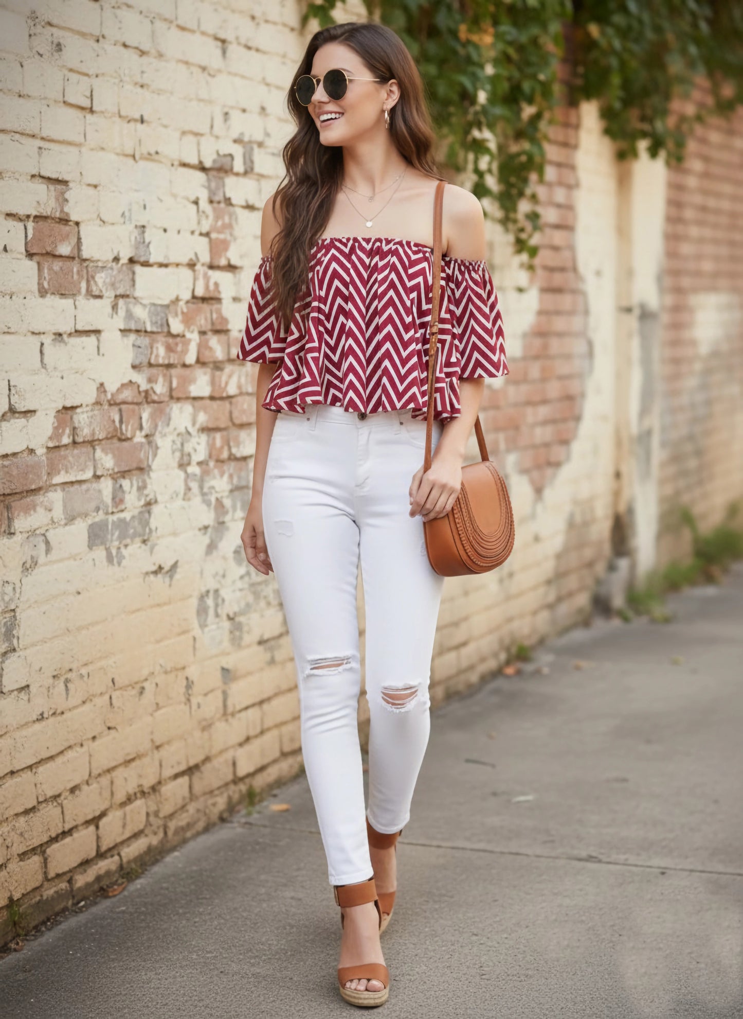 Berrylush Women Red & White Geometric Printed Off-Shoulder Neck Ruffled Crop Bardot Top