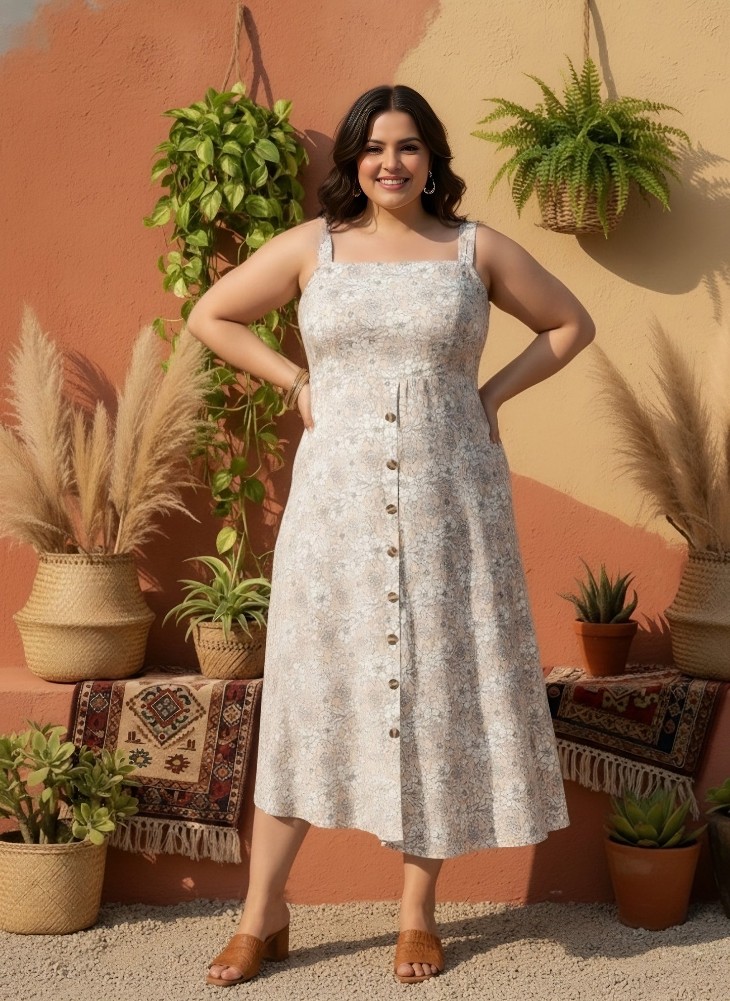 Berrylush Women Plus Size Beige & Black Floral Printed Square Neck Button-Up Crepe Flared A-Line Midi Dress