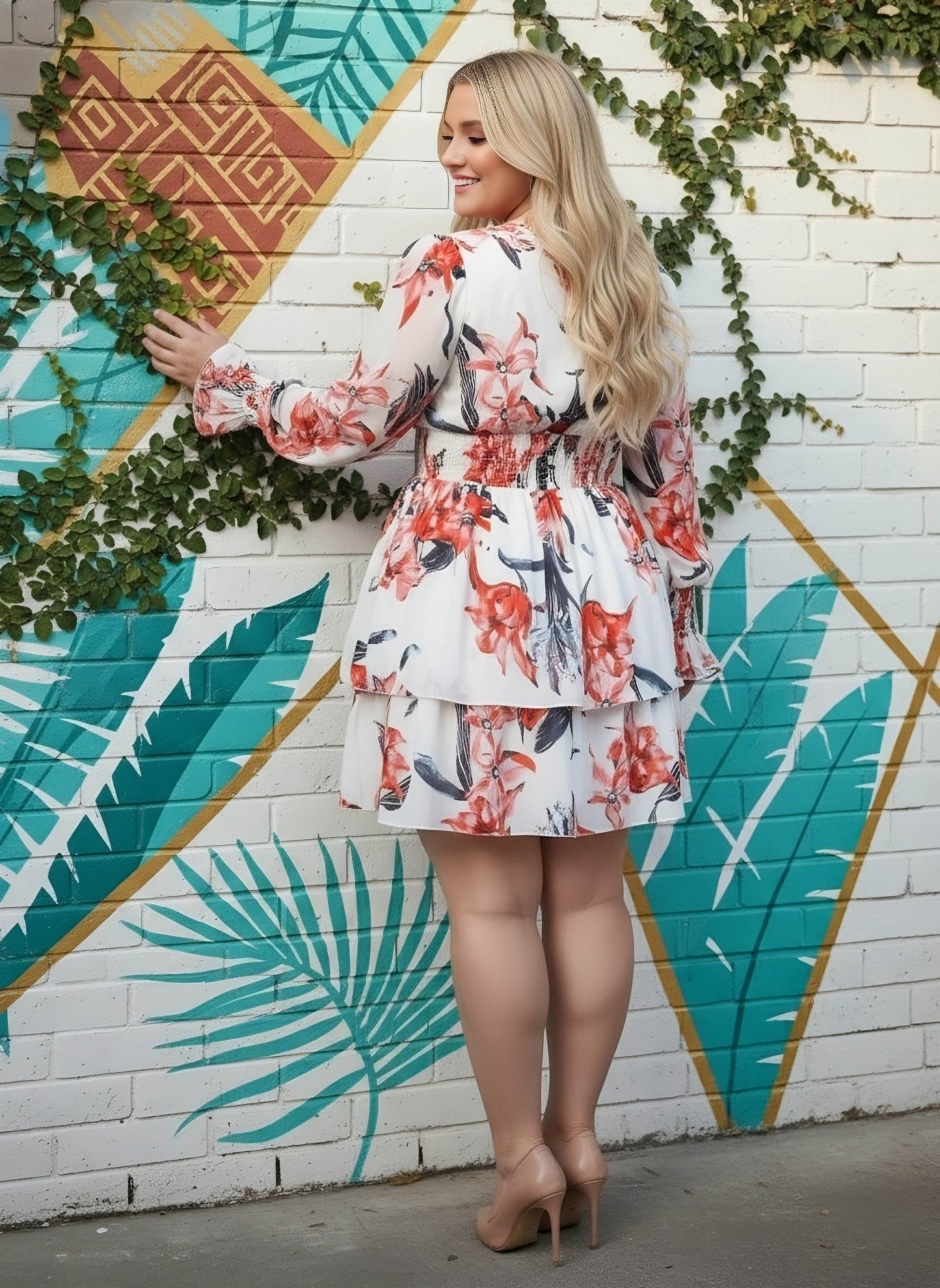 Berrylush Women Plus Size White & Peach Floral Printed V-Neck Smocked A-Line Mini Dress