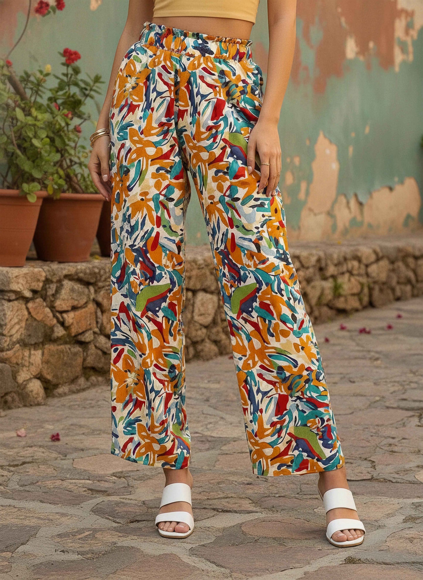 Berrylush Women White & Multicolour Abstract Printed High-Rise Elastic Waist Slip-On Pleated Regular Parallel Trousers