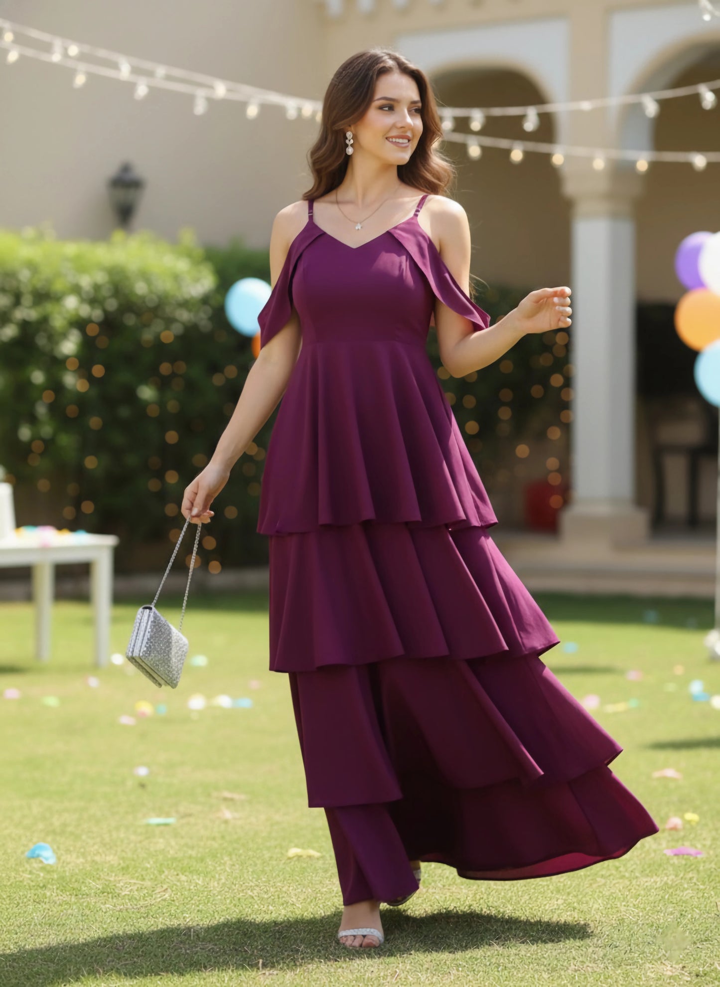Berrylush Women Solid Purple V-Neck Crepe Layered Maxi Dress