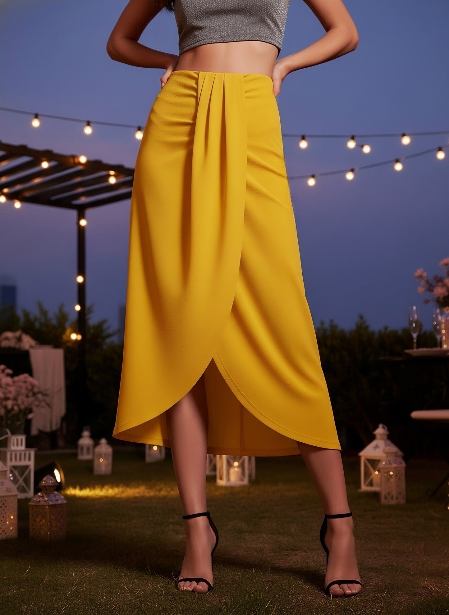 Berrylush Women Yellow Solid High Rise Knitted Draped Tulip Skirt