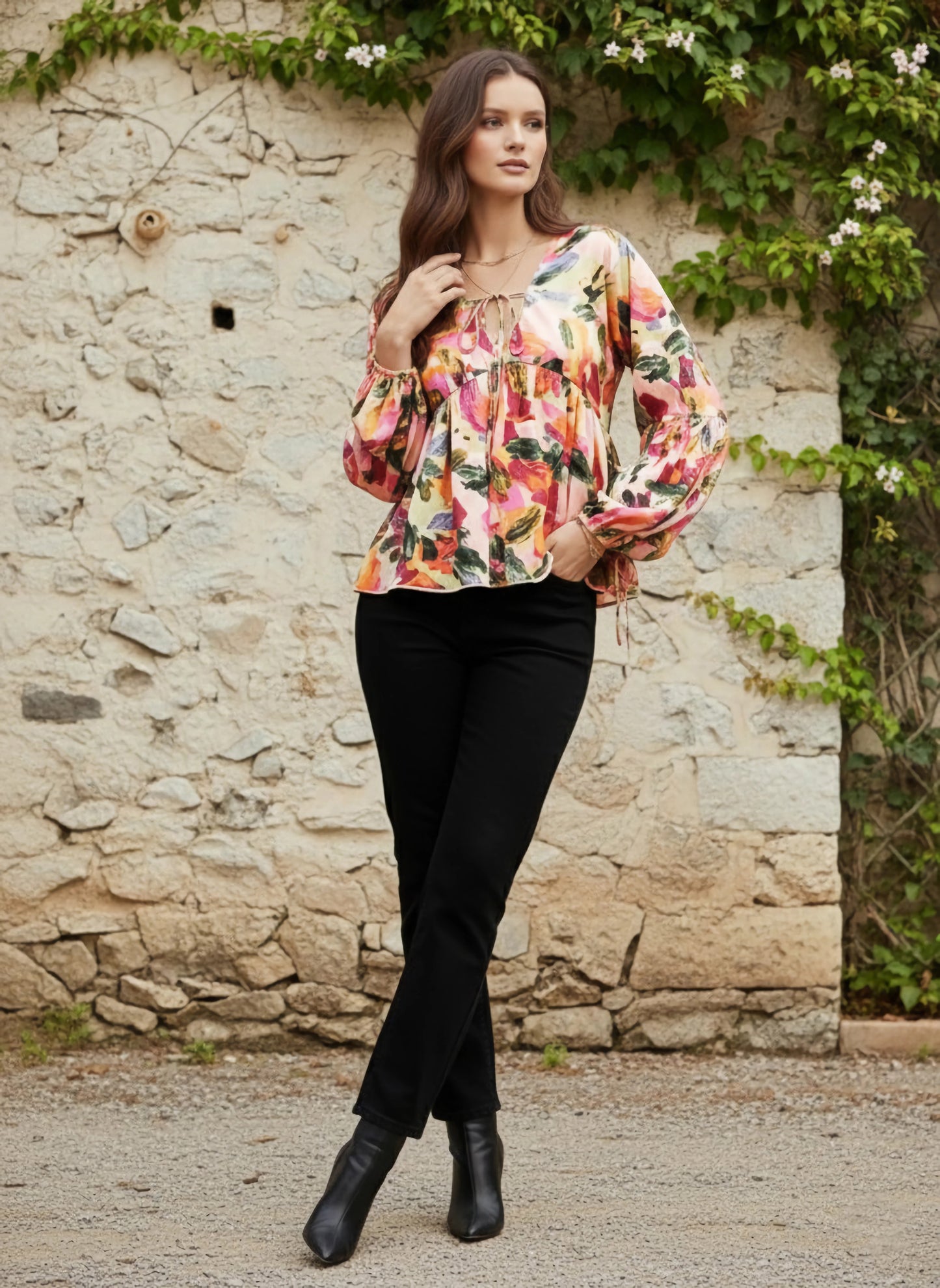 Berrylush Women Pink & Multicolour Abstract Printed V-Neck Bishop Sleeves Front Tie-Up Ruffled Regular Peplum Top