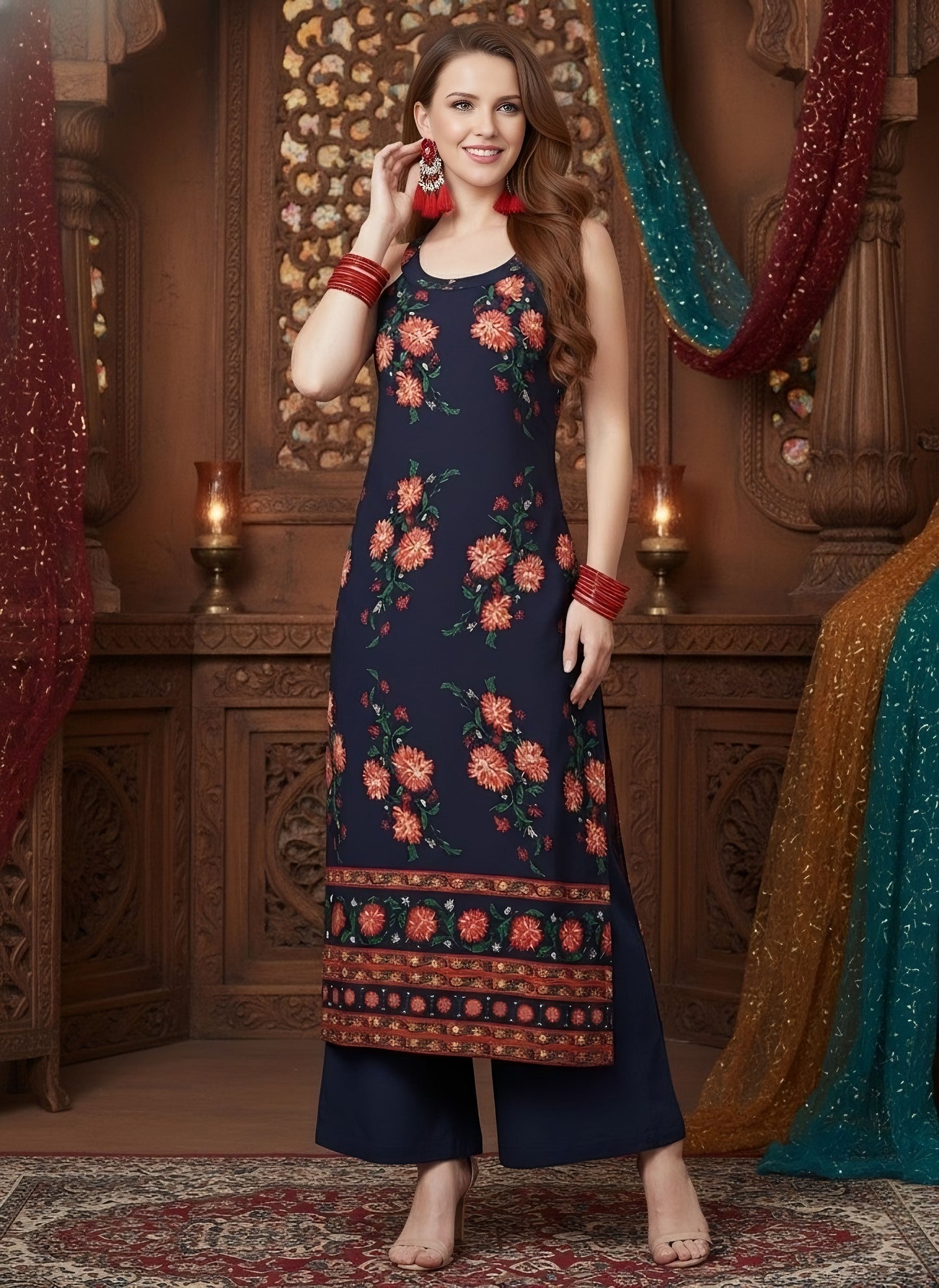 Berrylush Women Navy Blue & Orange Floral Printed Scoop-Neck Side-Slit Straight Kurta