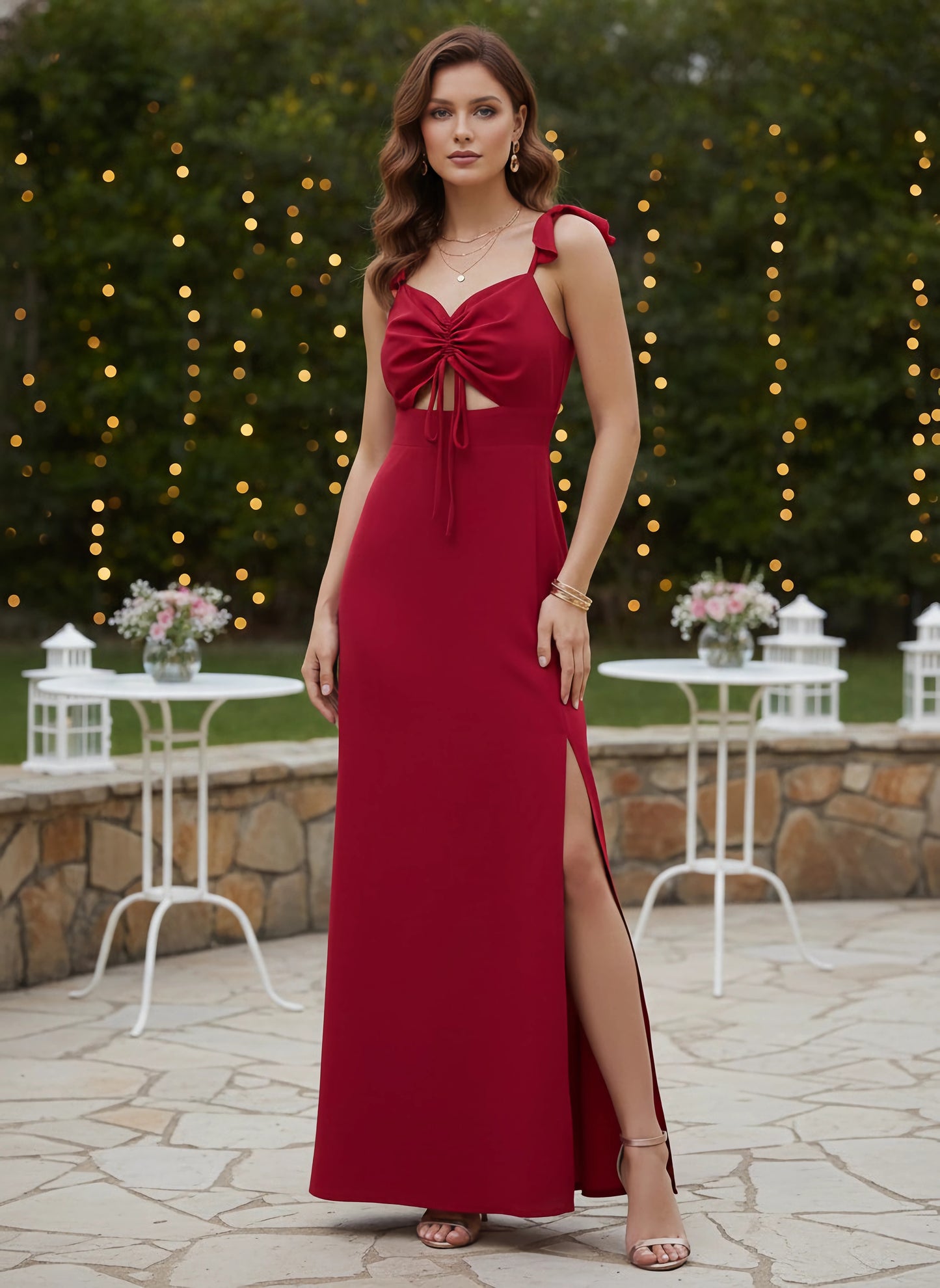 Solid Red Sweetheart Neck Cut-Out Tie-Up Thigh-High Slit Straight Hem Maxi Dress