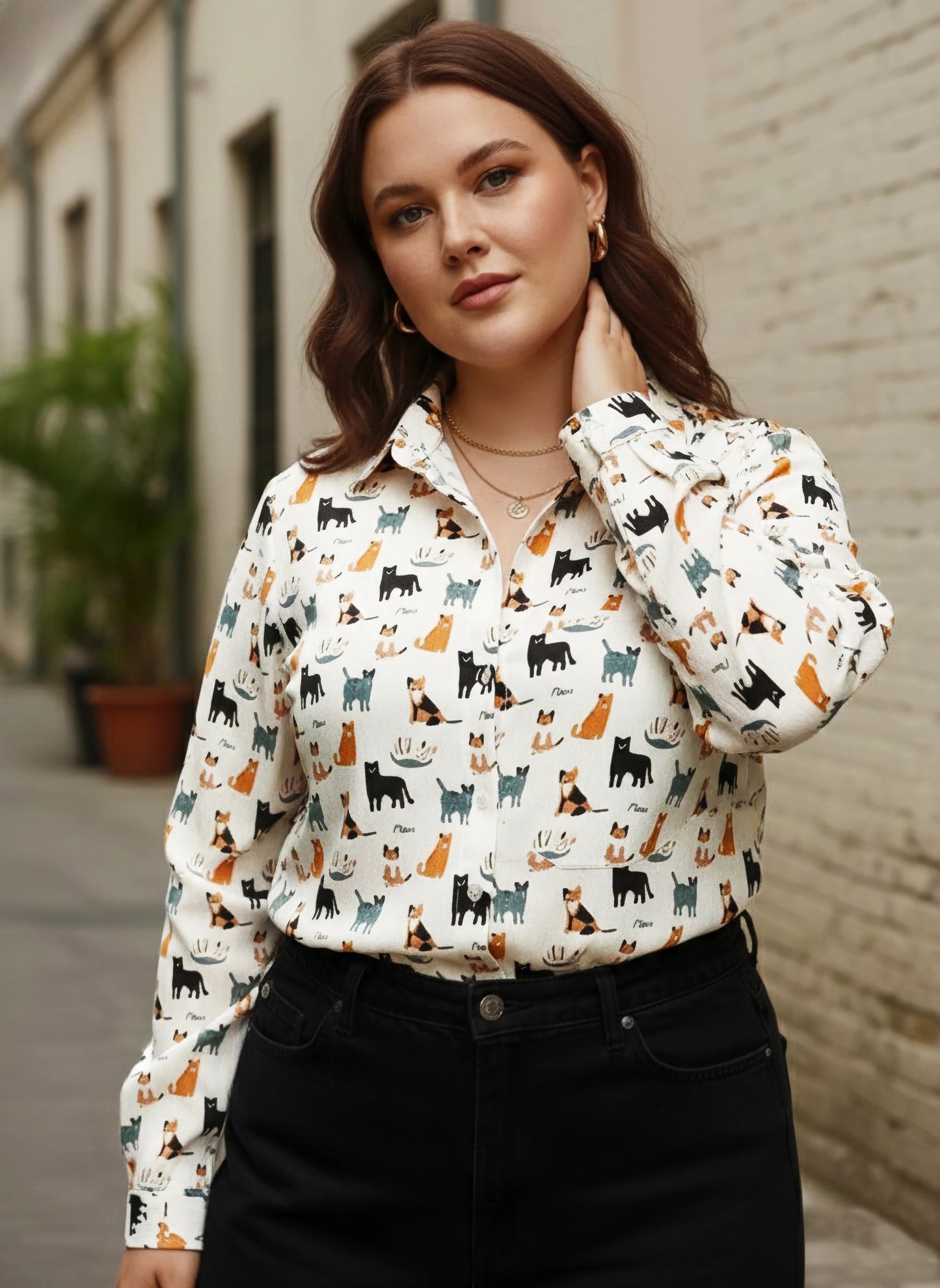 Berrylush Curve Women White & Multicolour Cat Printed Spread Collar Neck Front Button-Up Straight Hem Regular Shirt