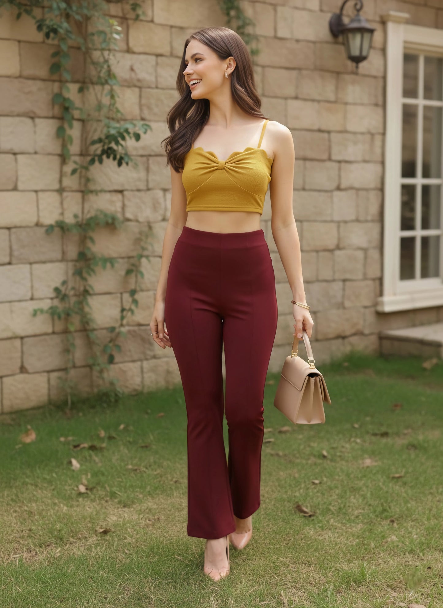 Solid Yellow Sweetheart Neck Sleeveless Scallop Trim Pleated Crop Top