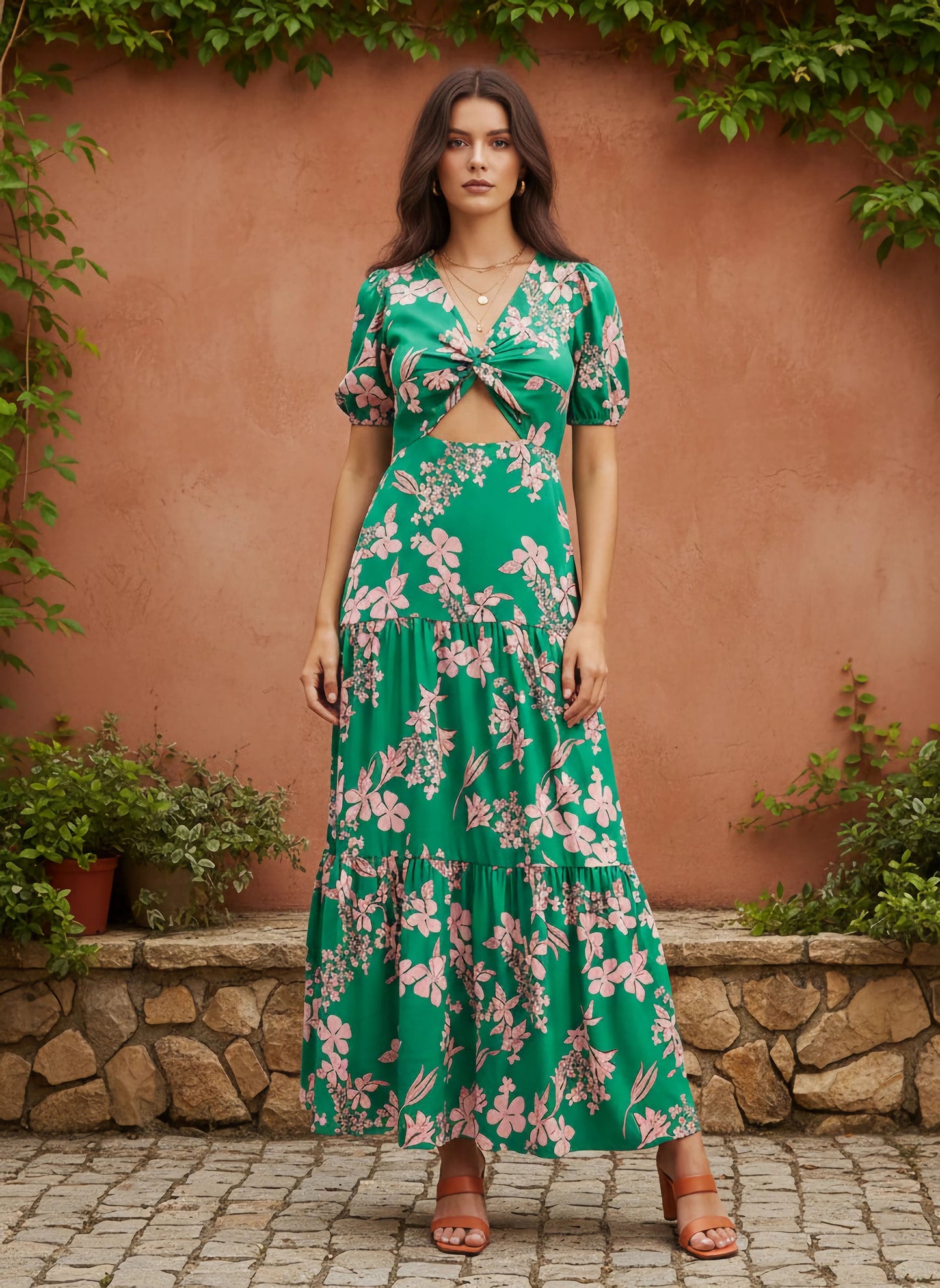 Berrylush Women Green & Pink Floral Printed V-Neck Puff Sleeve Front Cutout Ruffled A-Line Maxi Dress