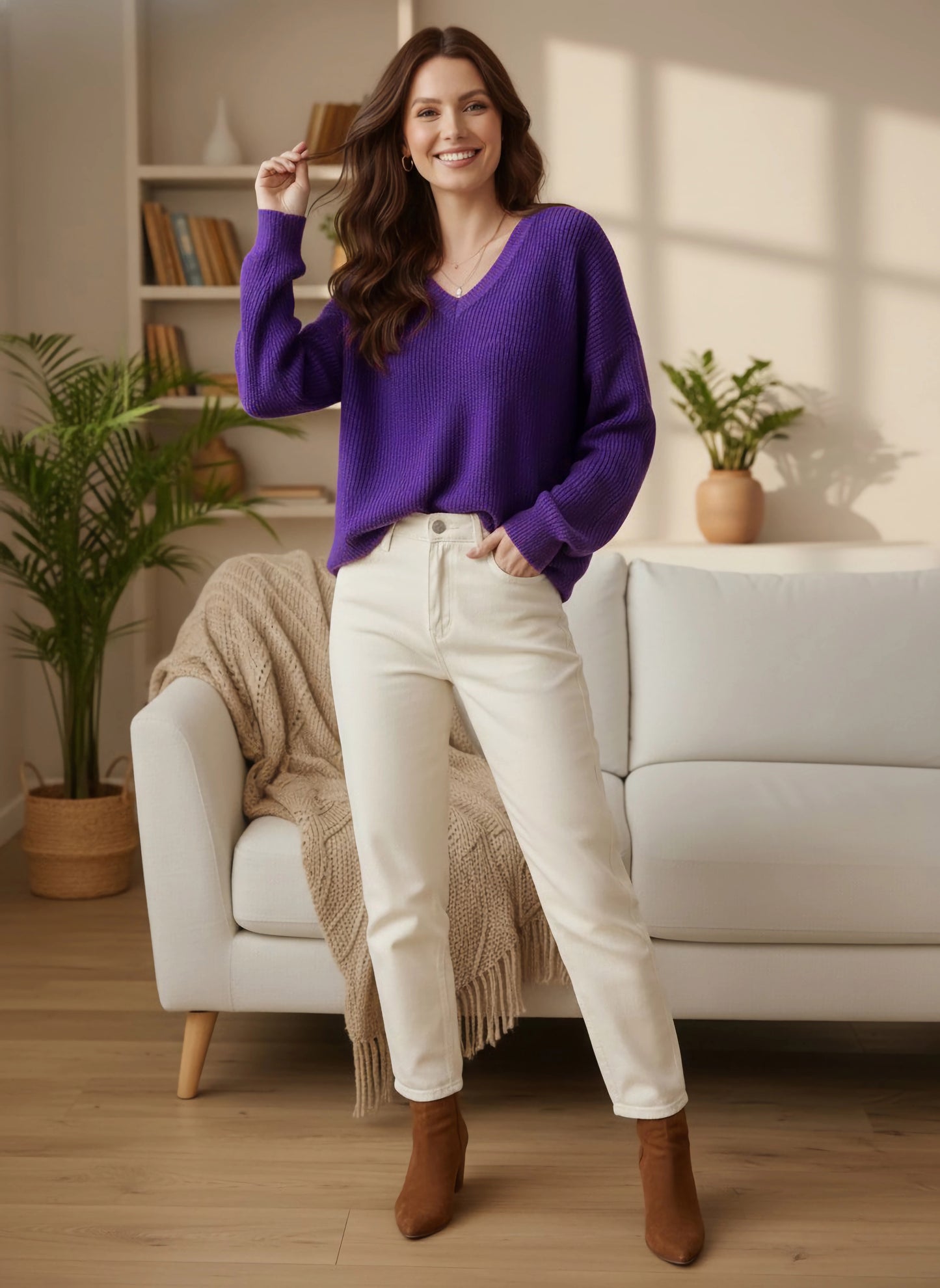 Berrylush Women Solid Purple V-Neck Acrylic Straight Hem Regular Pullover