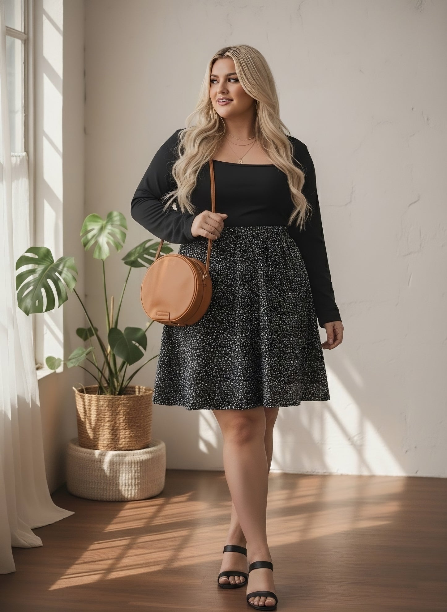 Berrylush Curve Women Black & White Ditsy Floral Printed Square Neck Long Sleeves Flared A-Line Mini Dress