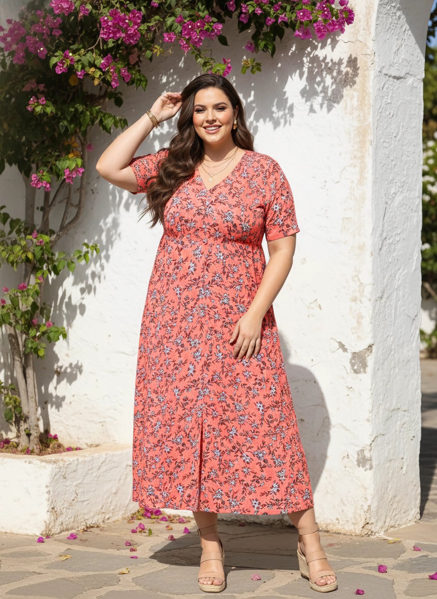 Berrylush Women Plus Size Orange & Blue Floral Printed V-Neck Crepe Front-Slit Flared A-Line Maxi Dress