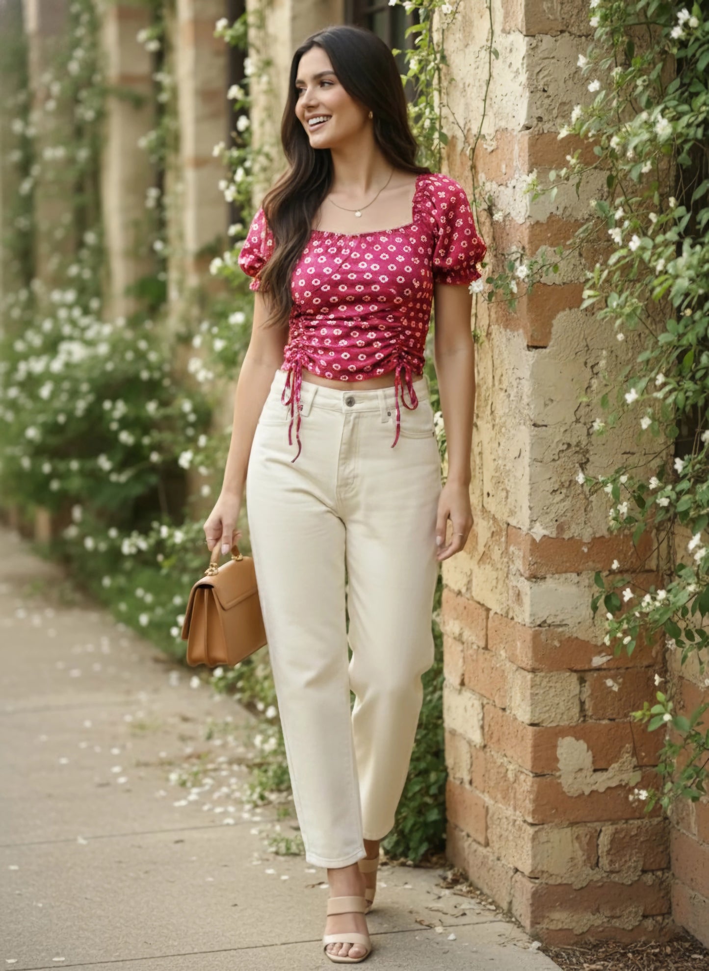 Berrylush Women Pink & White Geometric Printed Square Neck Puff Sleeves Waist Tie-Up Cotton Knitted Crop Top