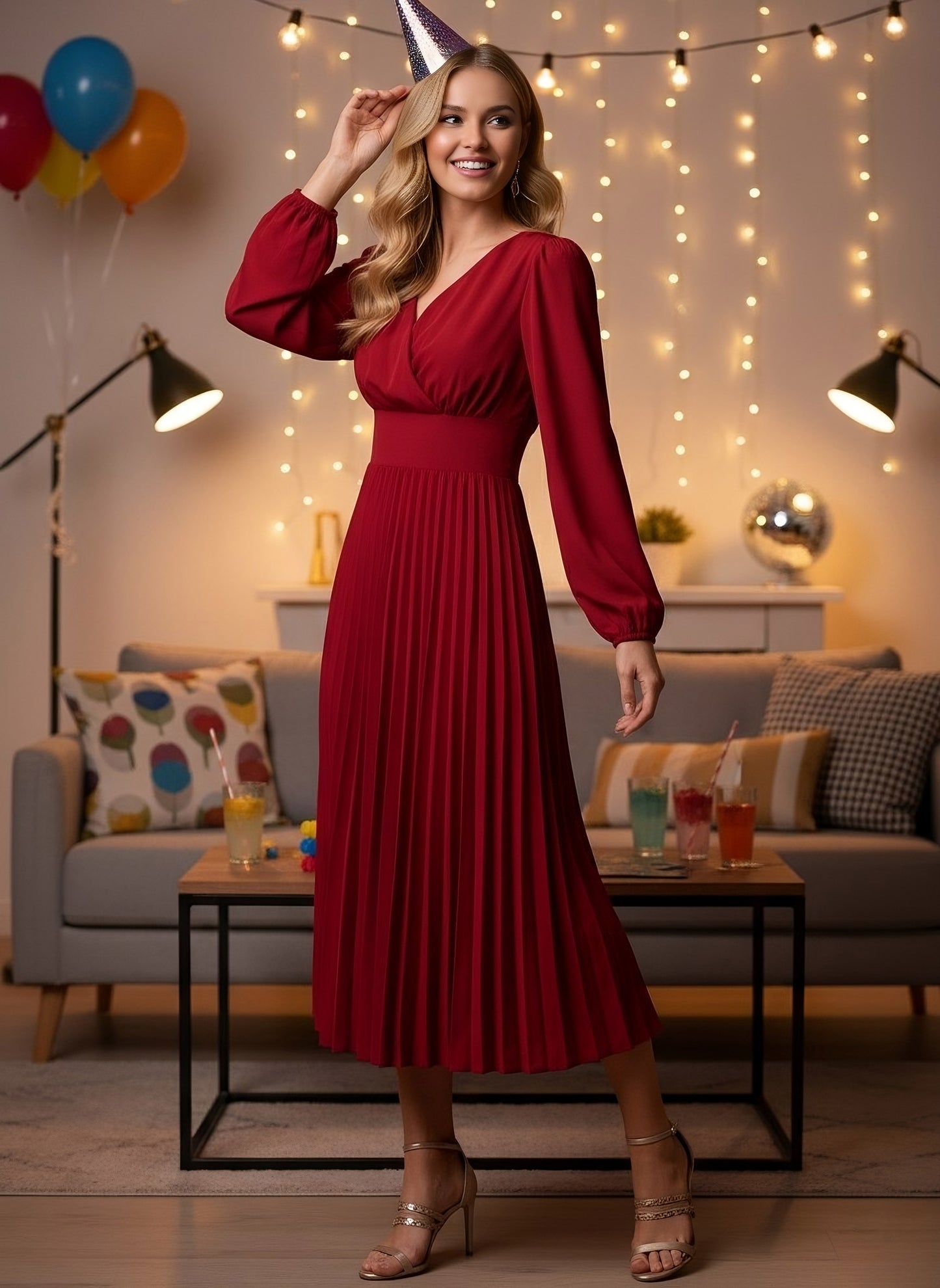 Berrylush Women Solid Red V-Neck Puff Sleeves Wrap Pleated A-Line Midi Dress