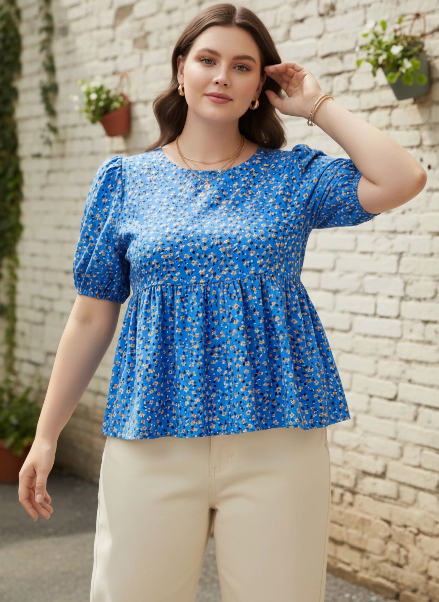 Berrylush Women Plus Size Blue & Yellow Floral Printed Round Neck Button-Up Crepe Pleated Regular Top