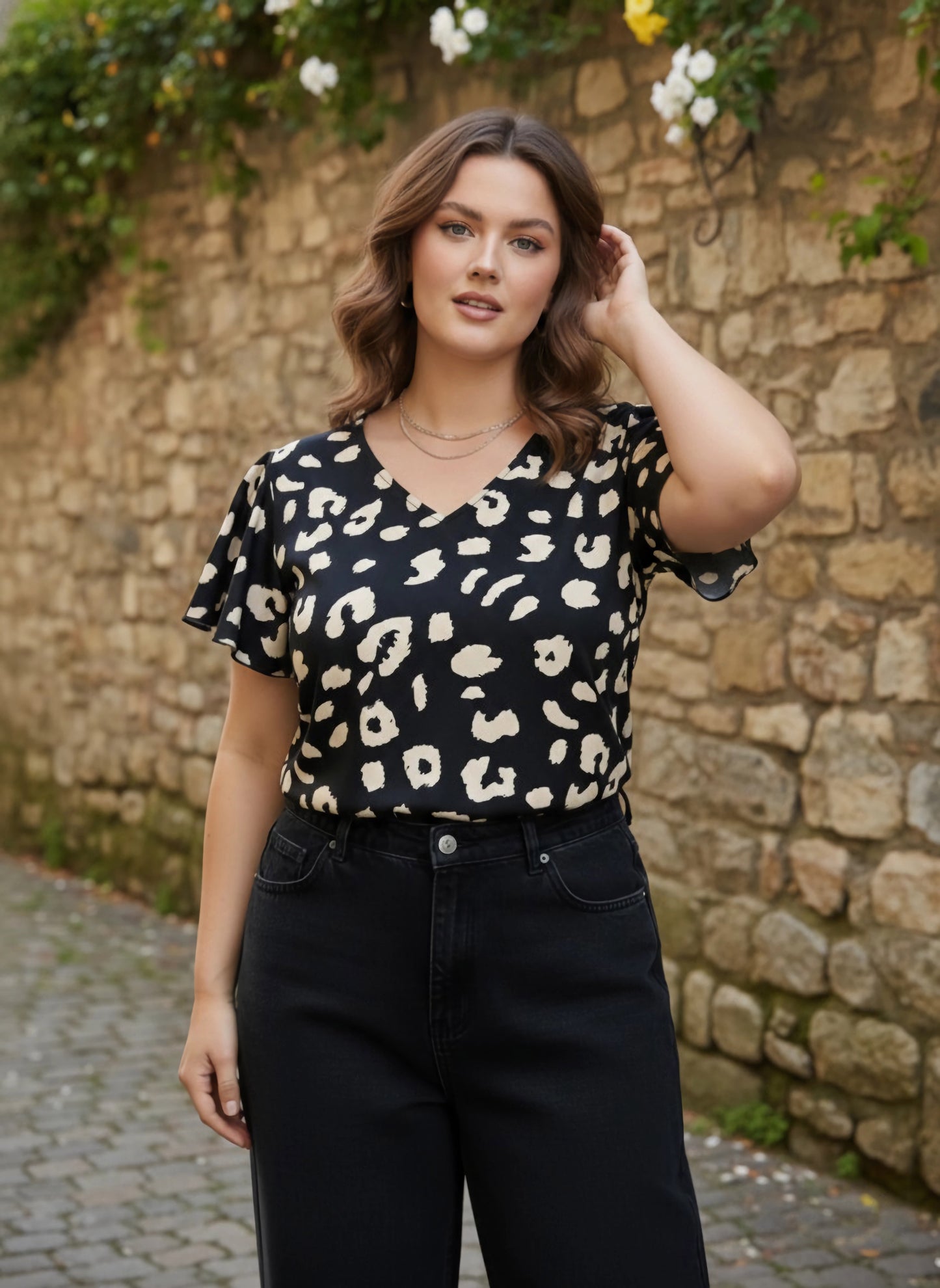 Berrylush Women Plus Size Black & White Animal Printed V-Neck Flutter Sleeve Crepe Ruffled Regular Top