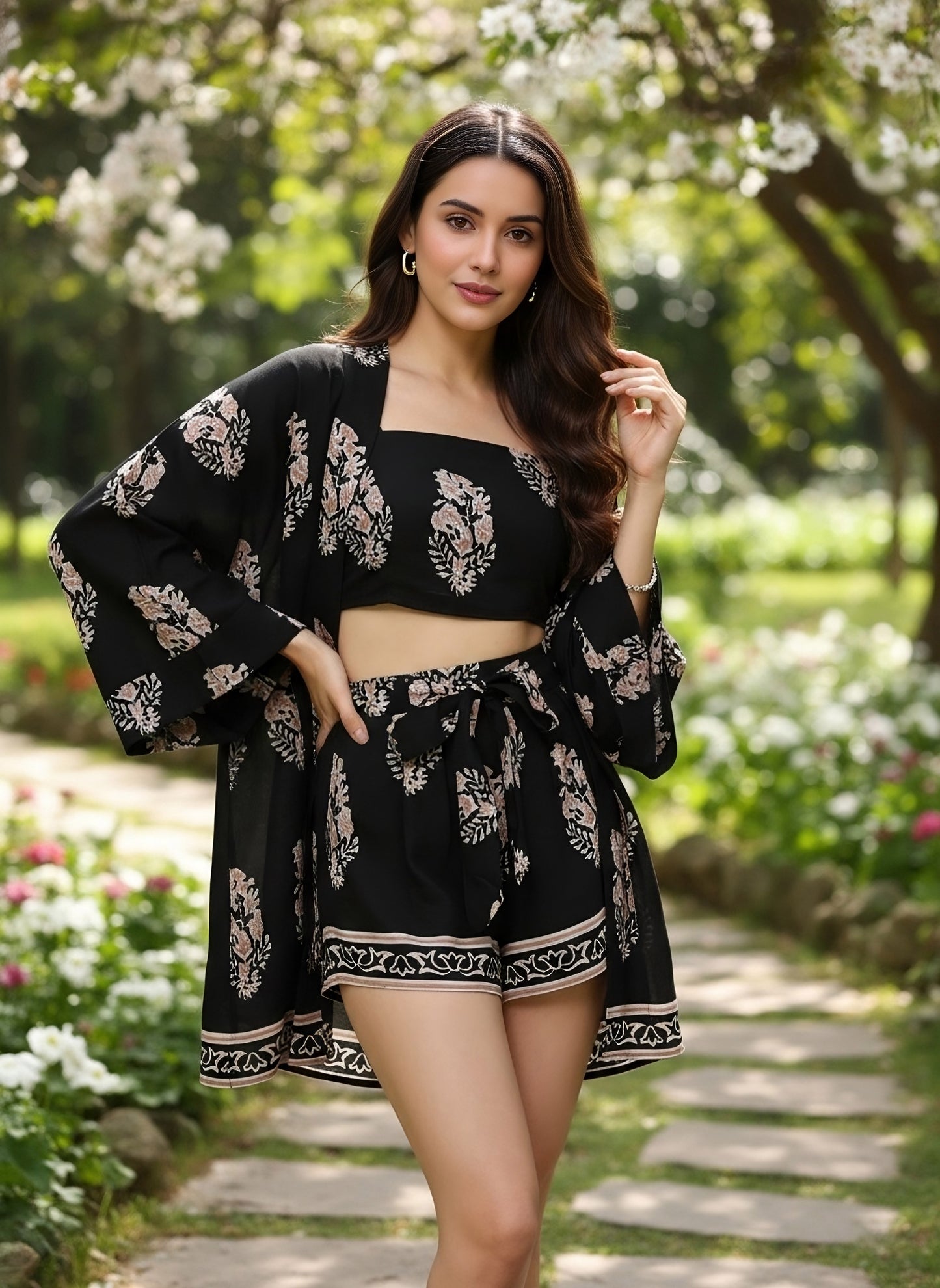 Berrylush Women Black & White Paisley Printed Crop Top & Tie-Up Front Shorts With Kimono