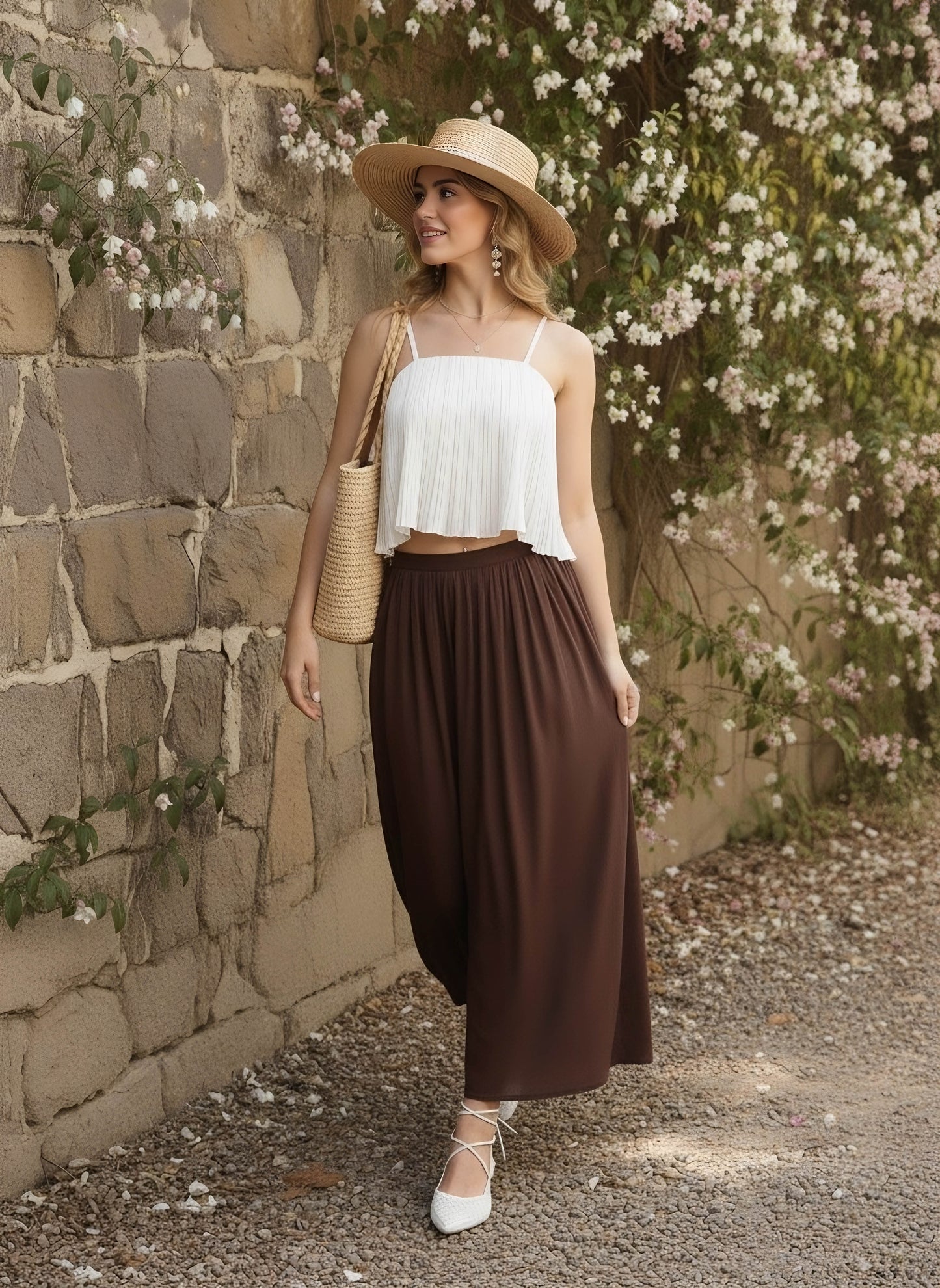 Berrylush Women Solid White Square Neck Sleeveless Pleated Crop Cami Top