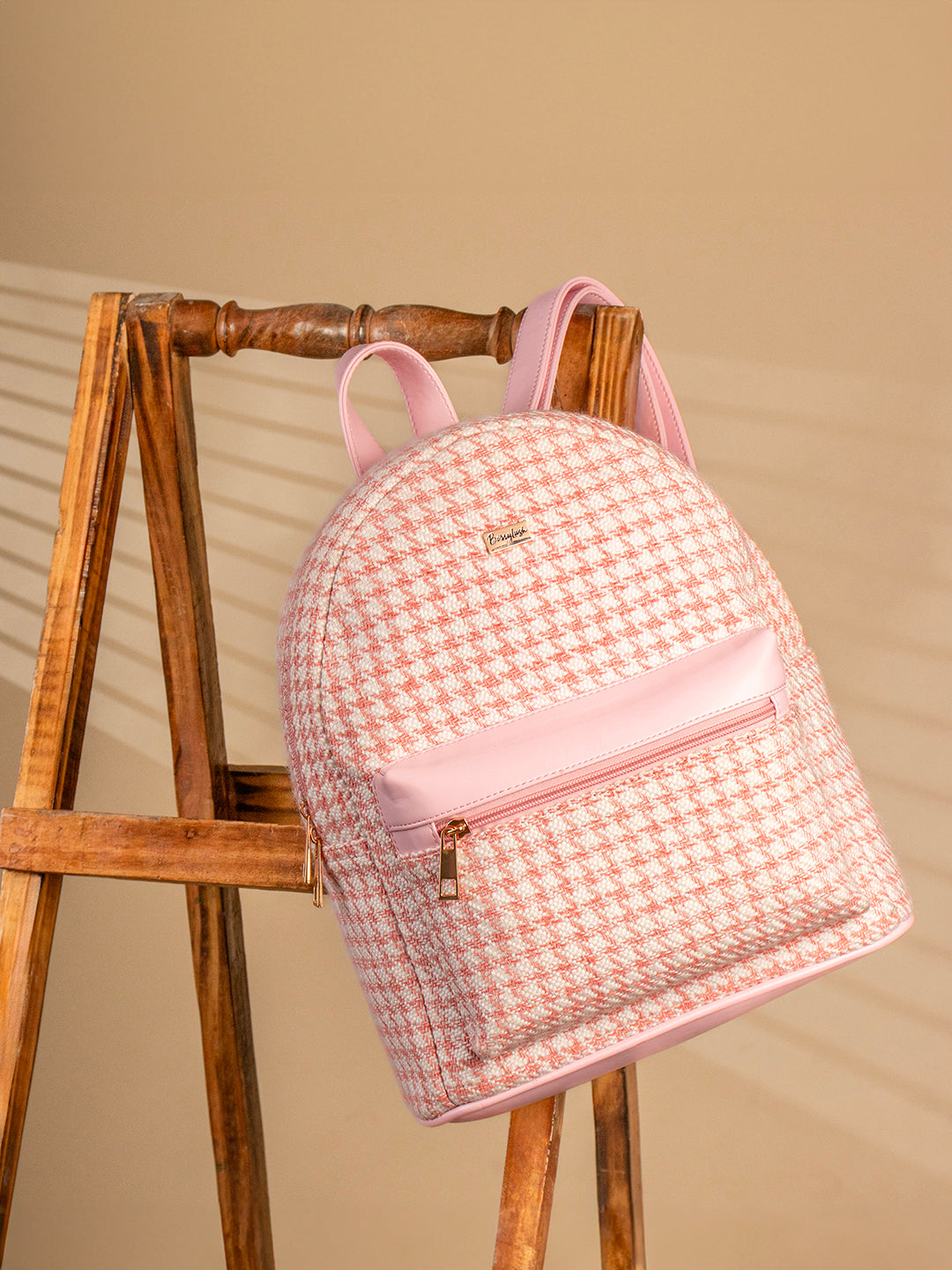 houndstooth mini backpack Women Pink & White Houndstooth Printed PU Padded Shoulder Strap Zipper Backpack