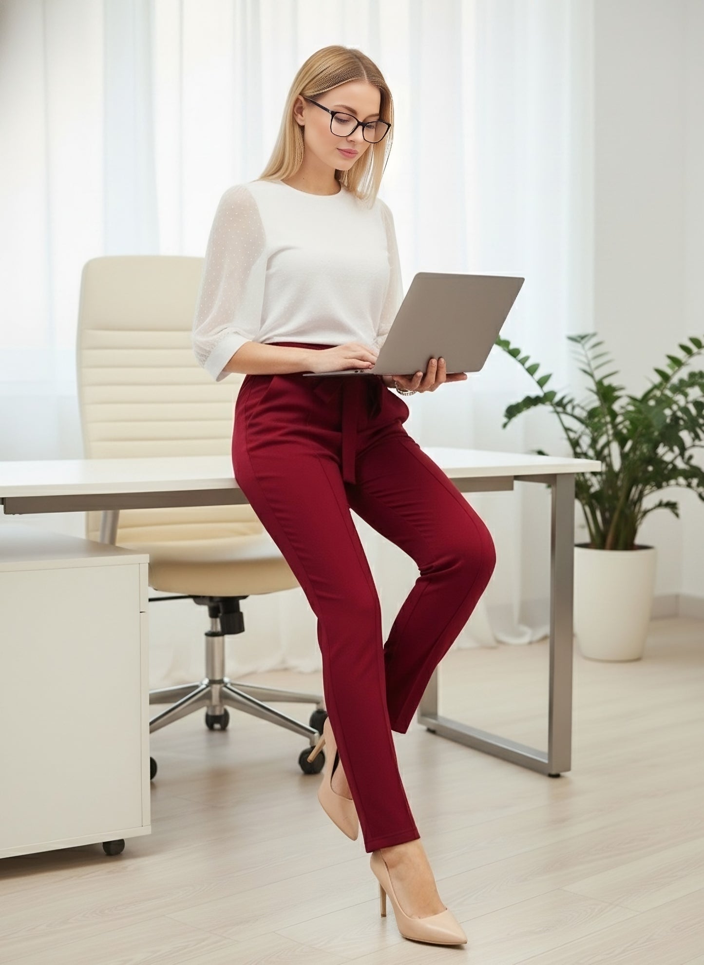 Berrylush BIZwear Women Solid Maroon High-Rise Waist Tie-Up Skinny-Fit Two-Pocket Knitted Regular Pants