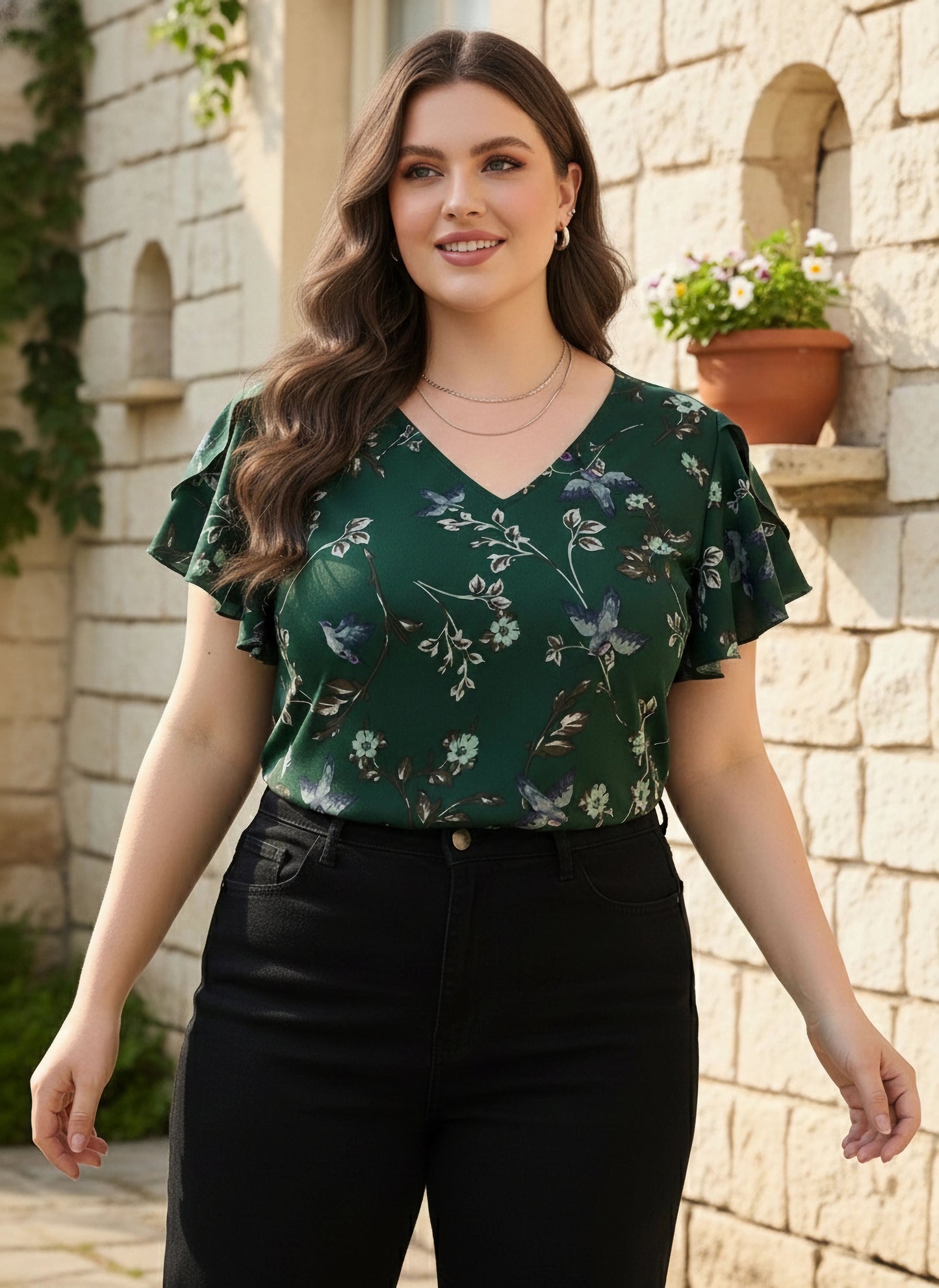 Plus Size Green & White Floral Printed V-Neck Flutter Sleeve Crepe Ruffled Regular Top